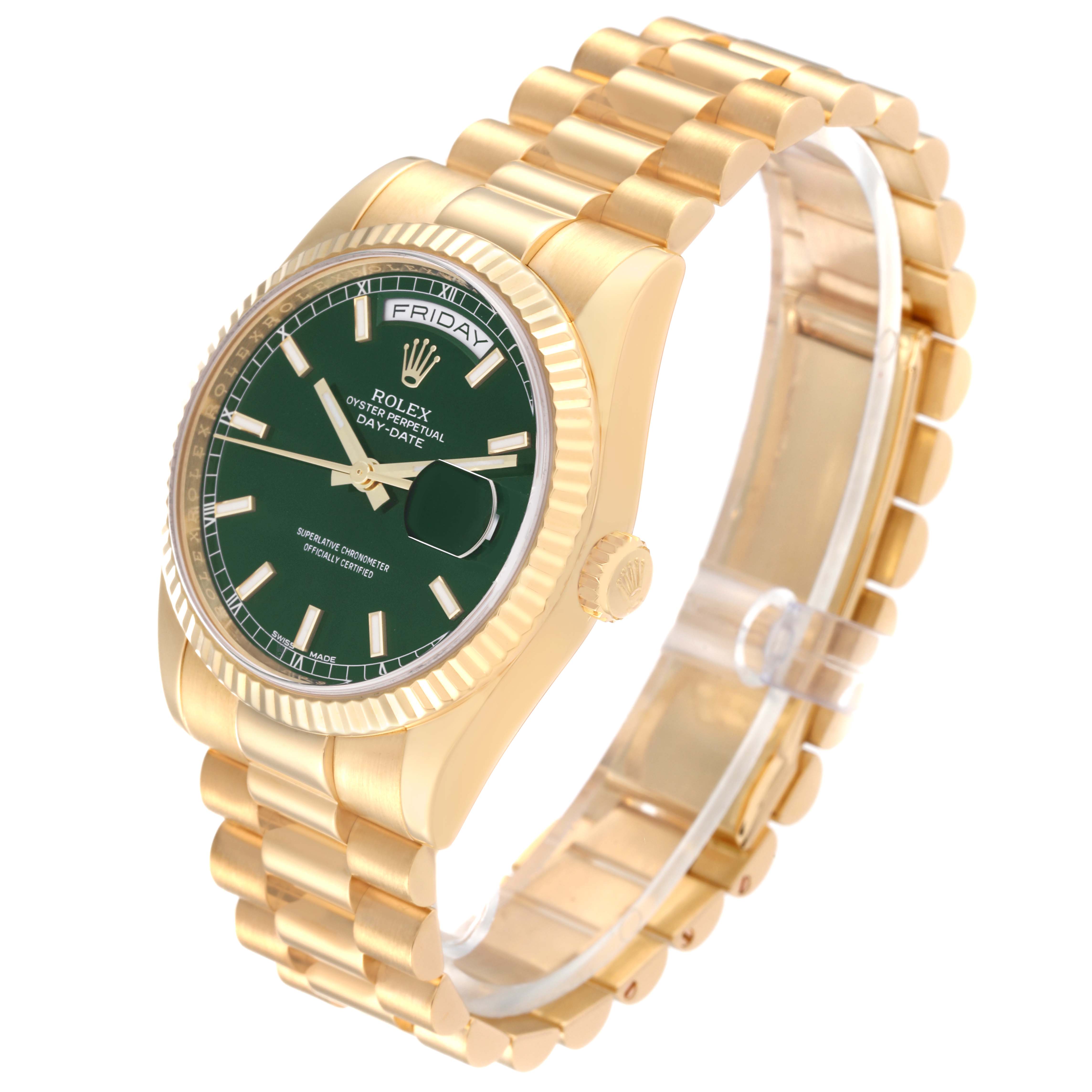 The image shows a Rolex President 118238 Men's Yellow Gold Green Dial 118238 Men's Yellow Gold Green Dial model watch angled to display the face, bezel, crown, and bracelet.