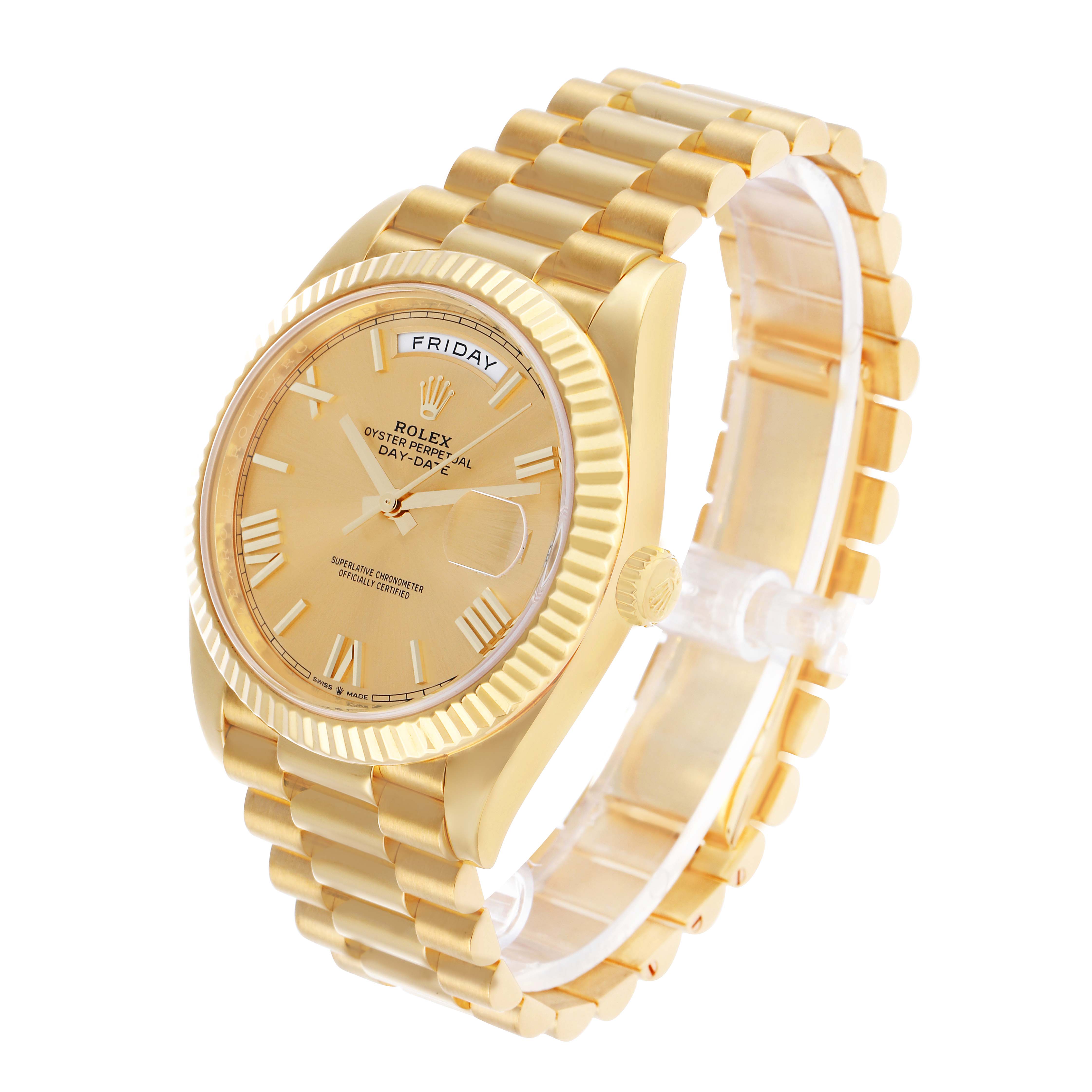 The Rolex President 228238 Men's Yellow Gold Champagne Dial model watch is shown at a three-quarter angle, displaying the dial, bracelet, bezel, and crown.