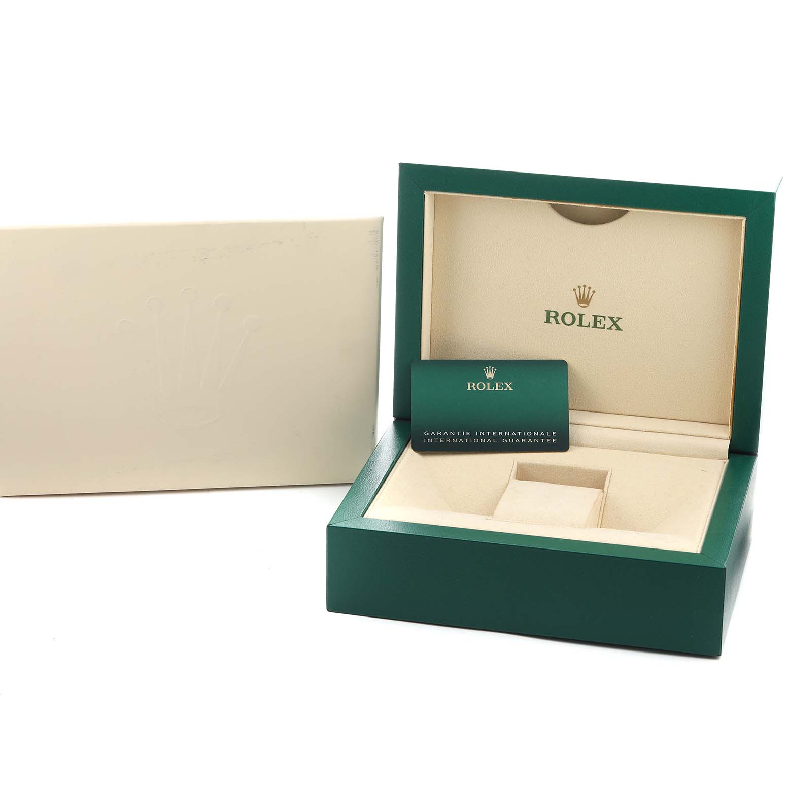 The image shows an open Rolex President 228238 Men's Yellow Gold Champagne Dial watch box with a certificate card inside.