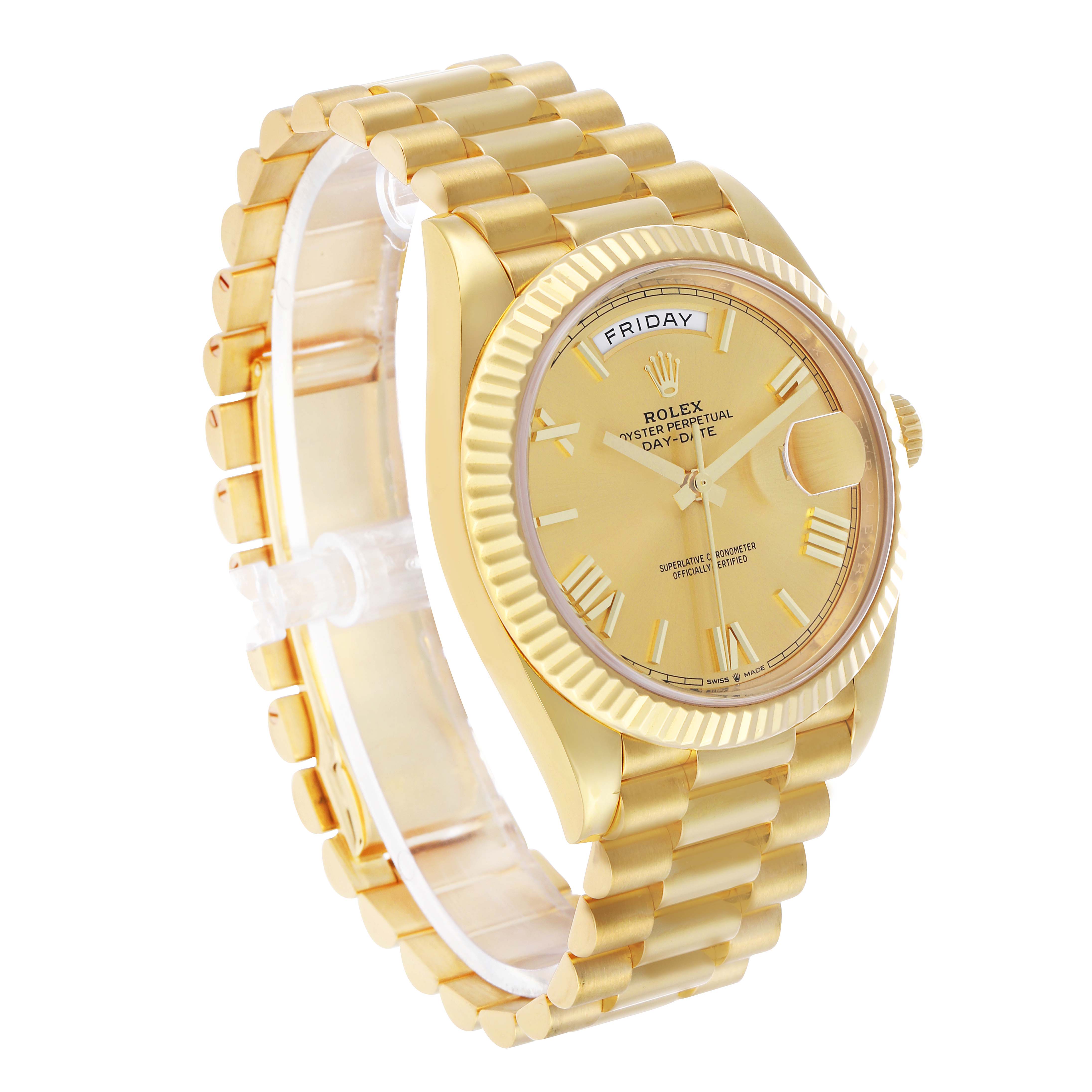 The Rolex President 228238 Men's Yellow Gold Champagne Dial model is shown at a slight angle, highlighting the face, bezel, and bracelet.