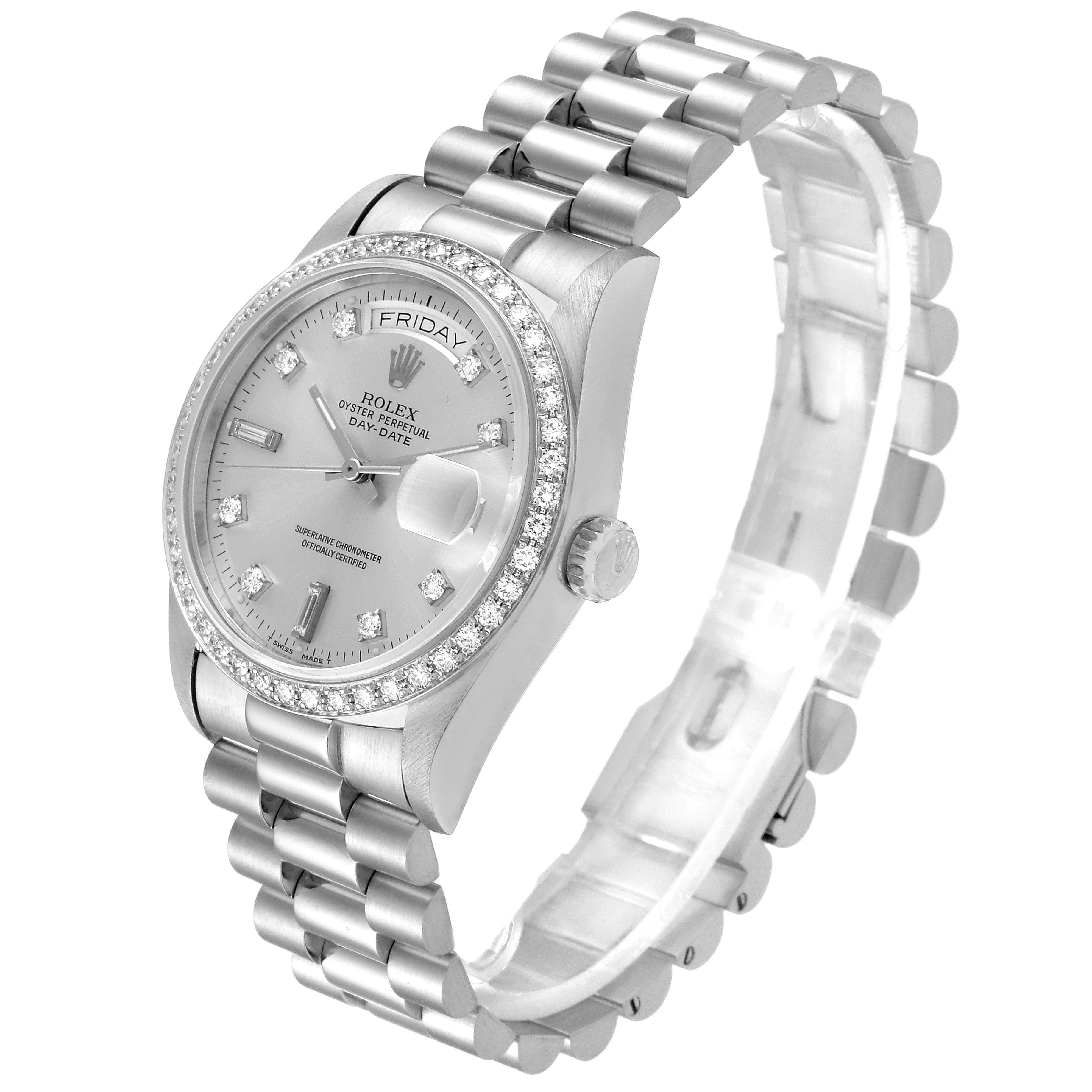 The Rolex President 18046 Men's Platinum Silver Dial 18046 Men's Platinum Silver Dial model watch is shown at a slight angle, displaying its face, bezel, crown, and bracelet.