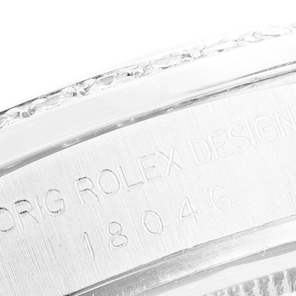 This image shows a close-up of the casing side engraving on a Rolex President 18046 Men's Platinum Silver Dial 18046 Men's Platinum Silver Dial model watch.