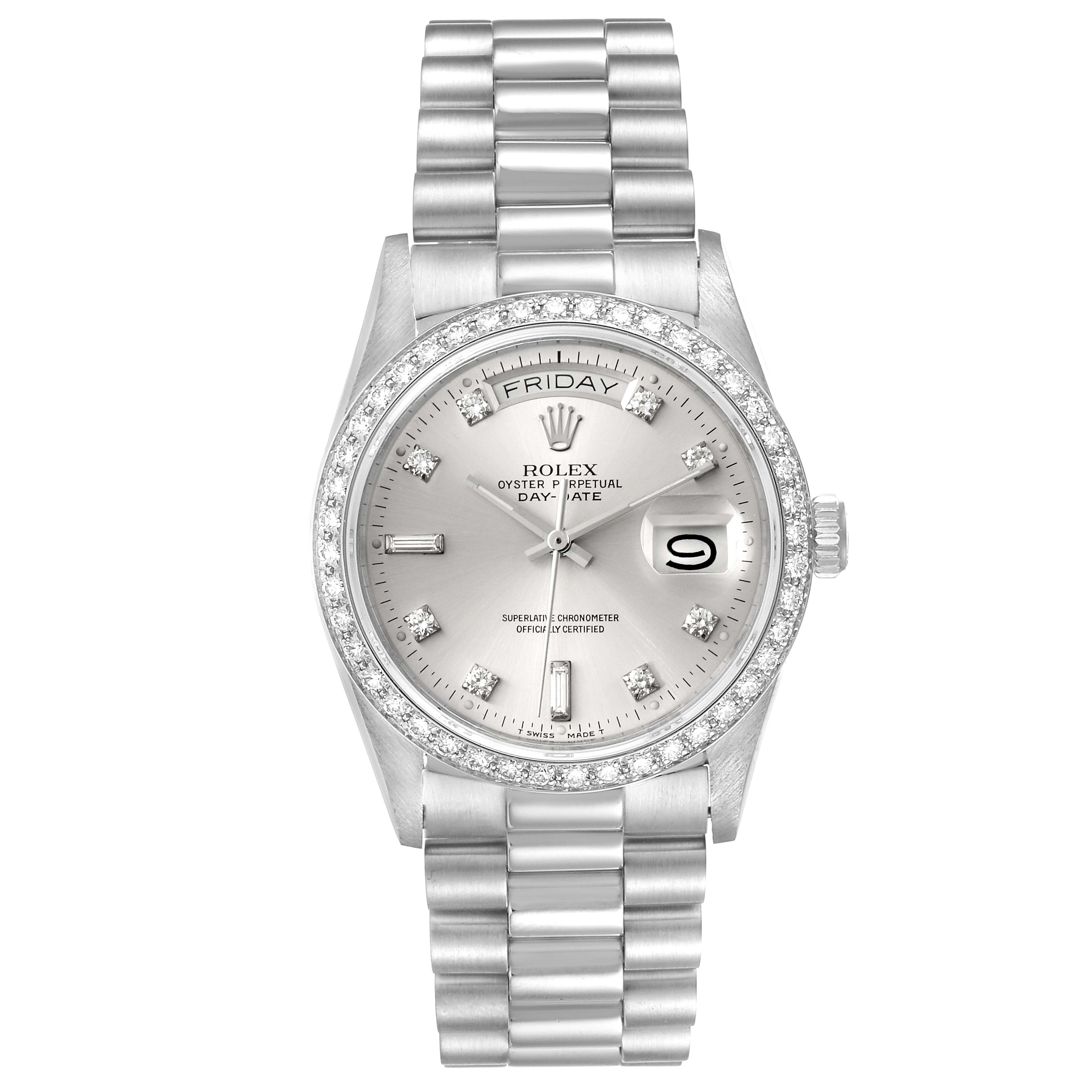 The Rolex President 18046 Men's Platinum Silver Dial 18046 Men's Platinum Silver Dial model watch is shown from the front, displaying its face, bezel, and bracelet.