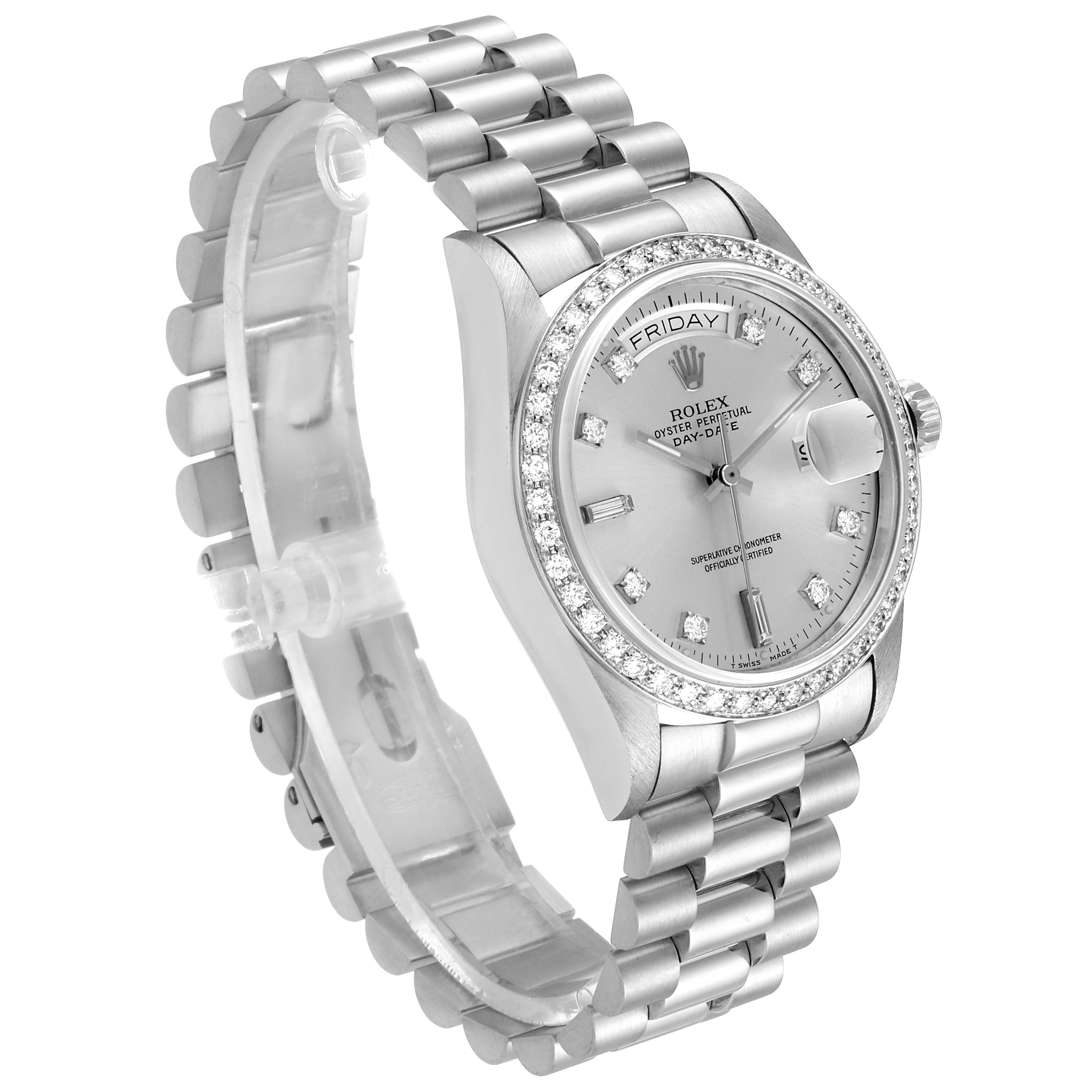 The image shows a Rolex President 18046 Men's Platinum Silver Dial 18046 Men's Platinum Silver Dial model watch at an angled side view, highlighting its bracelet and diamond-encrusted bezel.