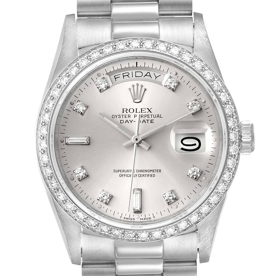 Rolex President Day-Date Silver Dial Platinum Diamond Mens Watch 18046 SwissWatchExpo