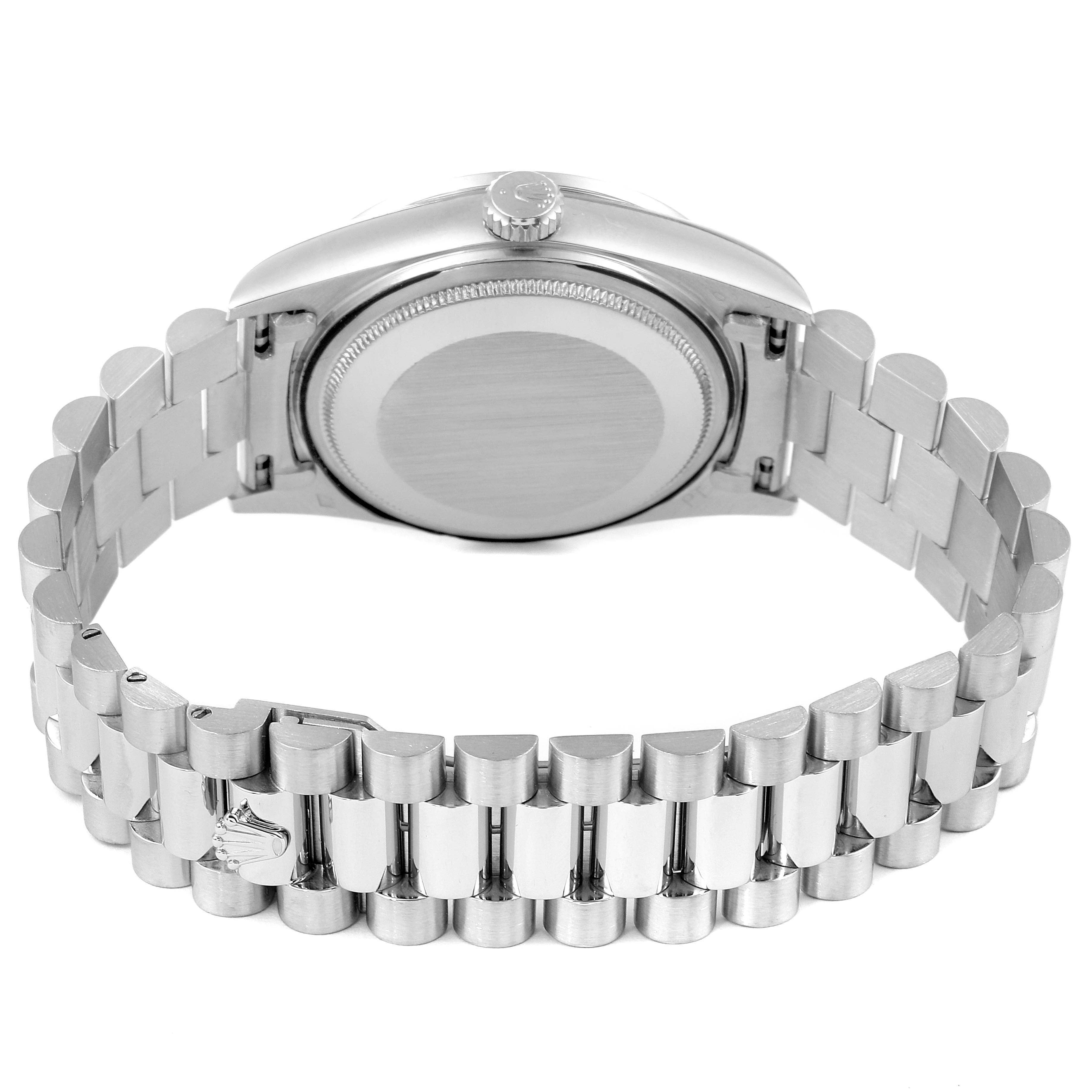 This image shows the backside and bracelet of a Rolex President 18046 Men's Platinum Silver Dial 18046 Men's Platinum Silver Dial model watch, focusing on the clasp and case back.