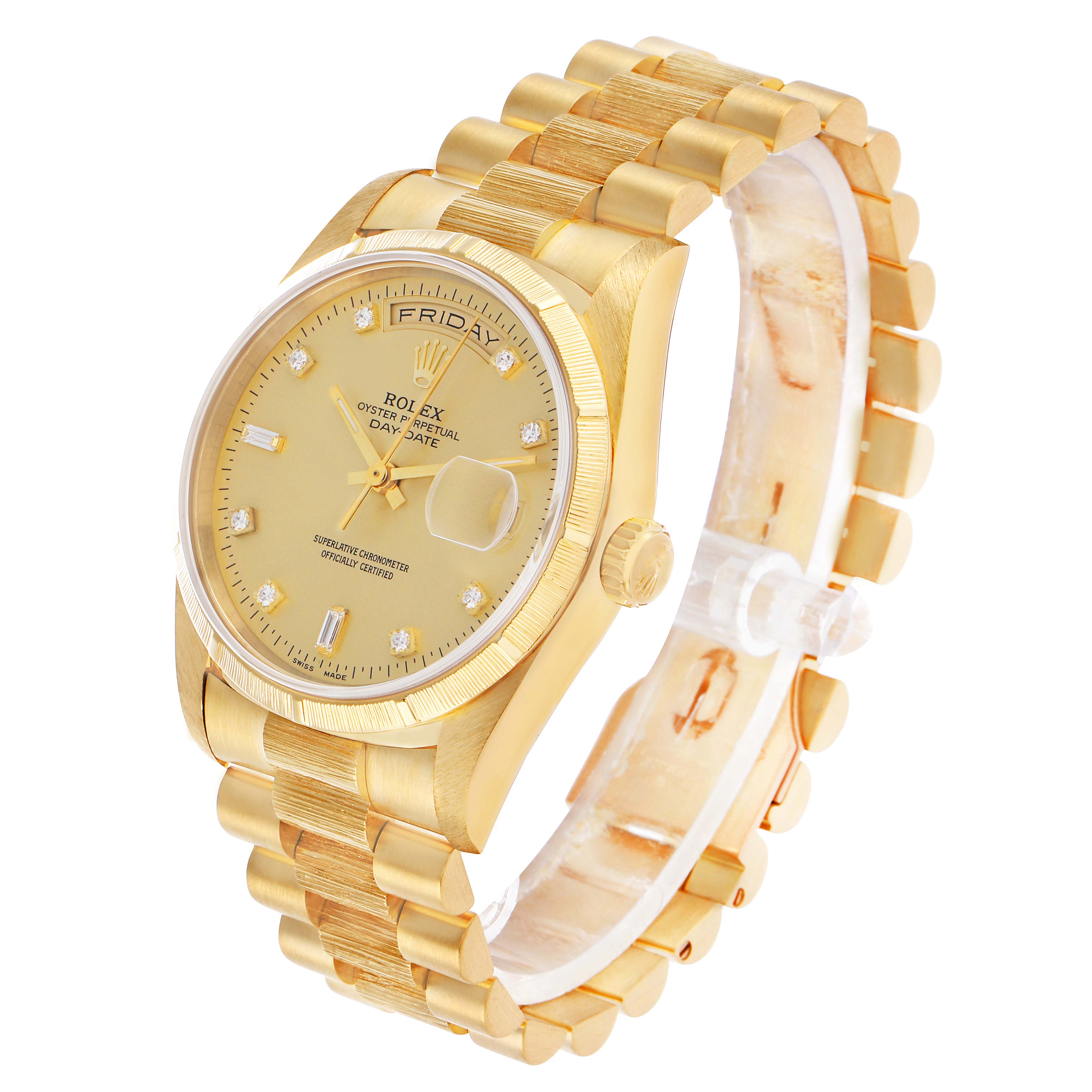 The Rolex President 18248 Men's Yellow Gold Champagne Dial model watch is shown at a three-quarter angle, highlighting the face, bezel, crown, and part of the bracelet.