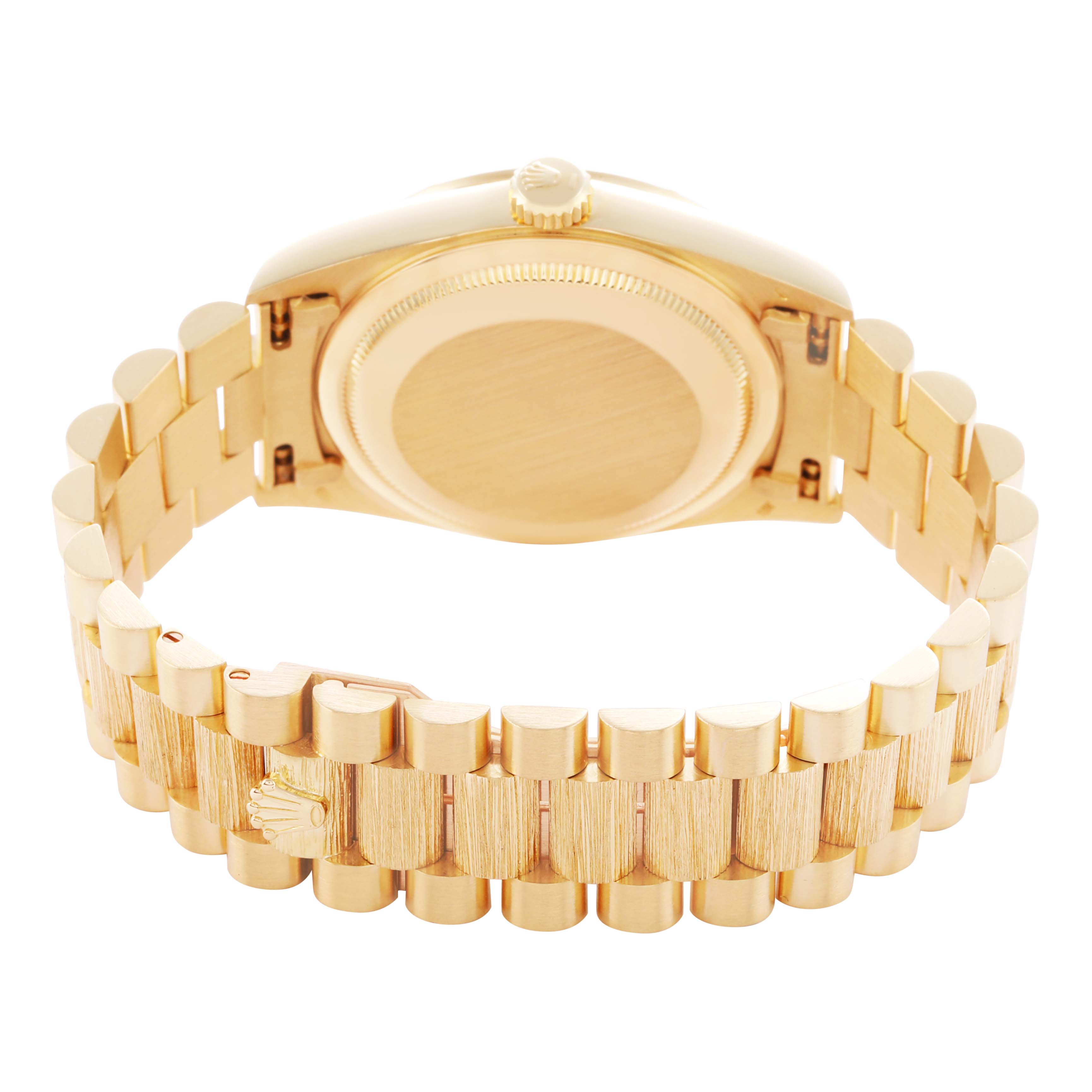 The Rolex President 18248 Men's Yellow Gold Champagne Dial model watch is shown from the rear, highlighting the closed clasp, bracelet, and case back.