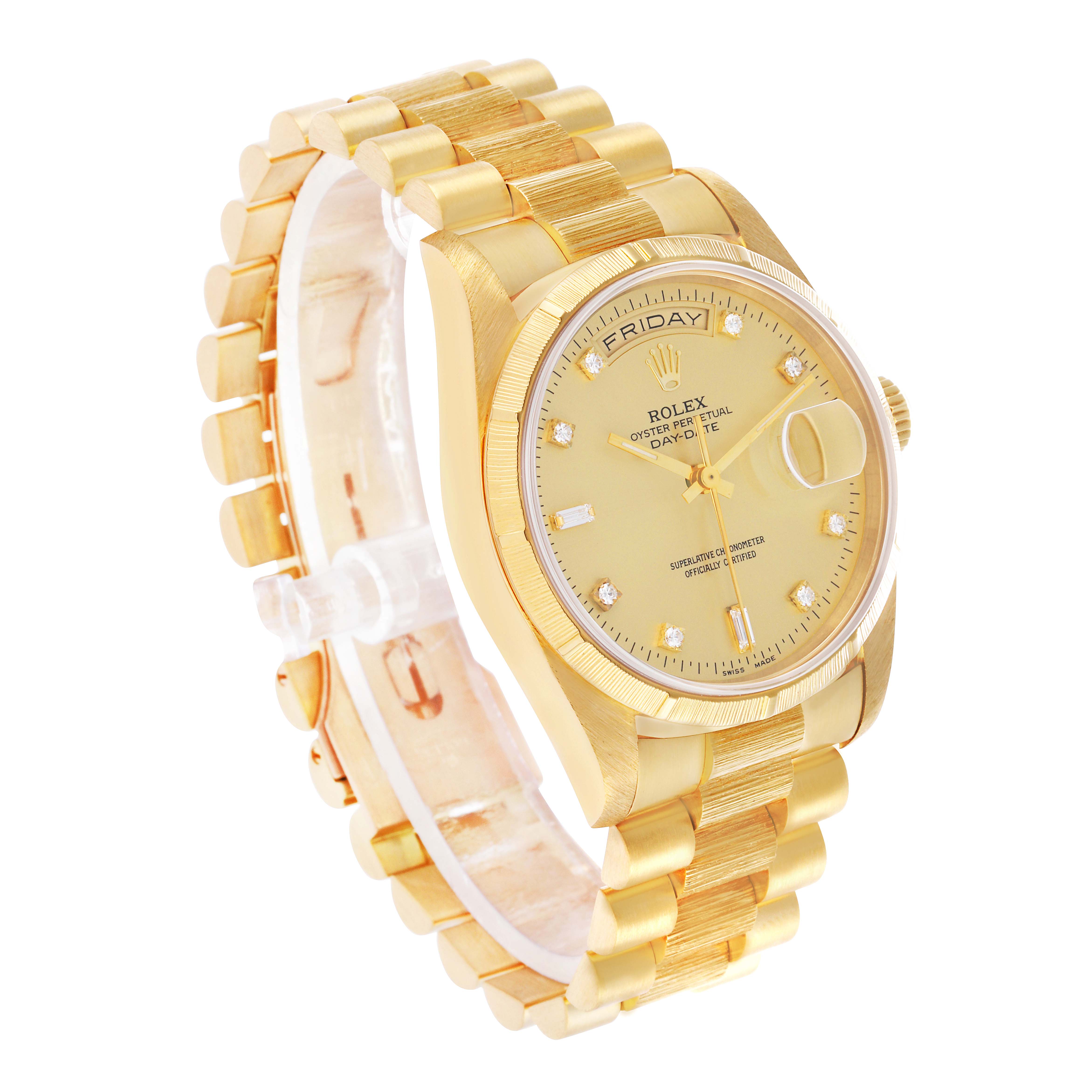 The Rolex President 18248 Men's Yellow Gold Champagne Dial model watch is shown at a three-quarter angle, displaying the dial, bezel, bracelet, and fluted bezel clearly.