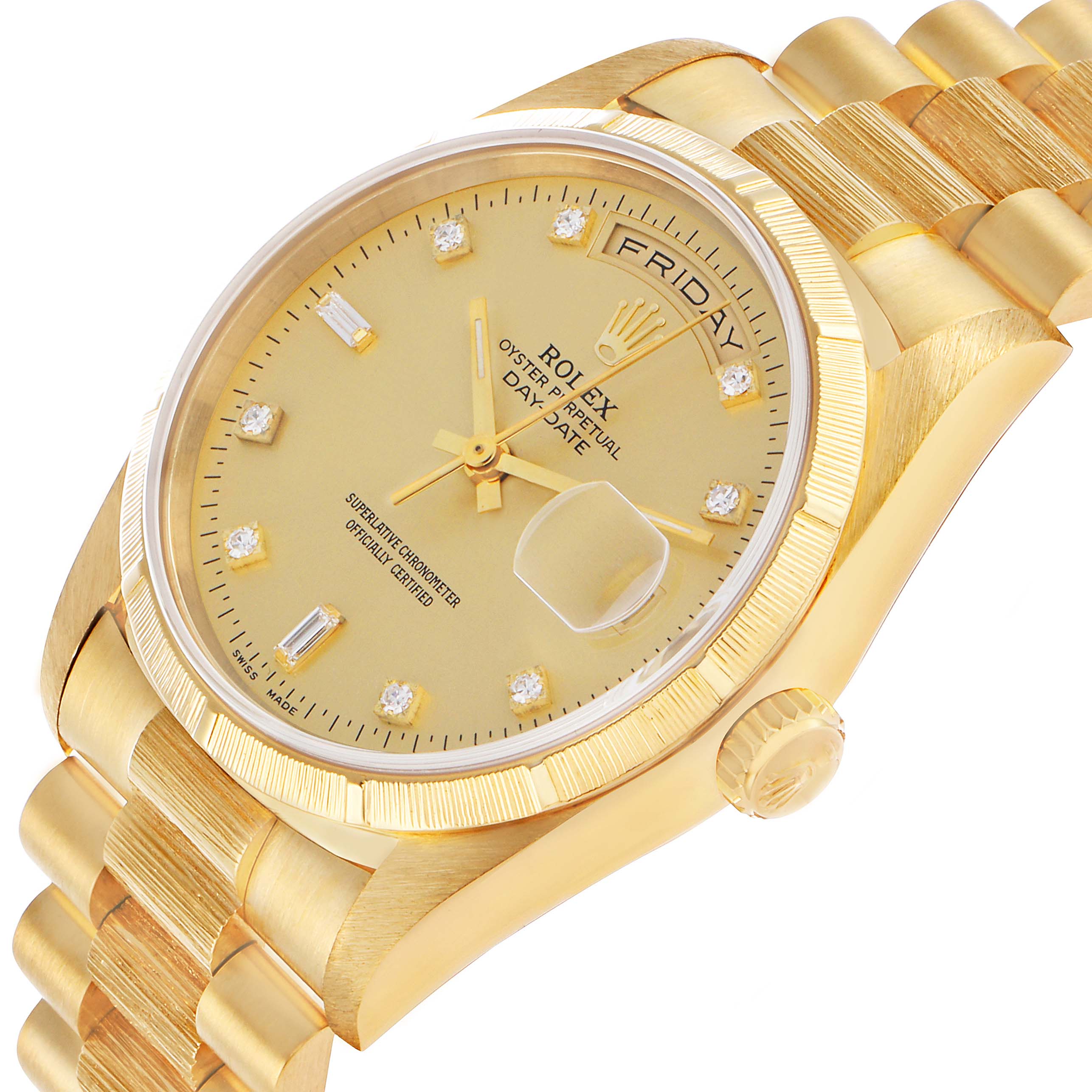The Rolex President 18248 Men's Yellow Gold Champagne Dial watch is shown at an angled view, highlighting the face, bezel, bracelet, and crown.