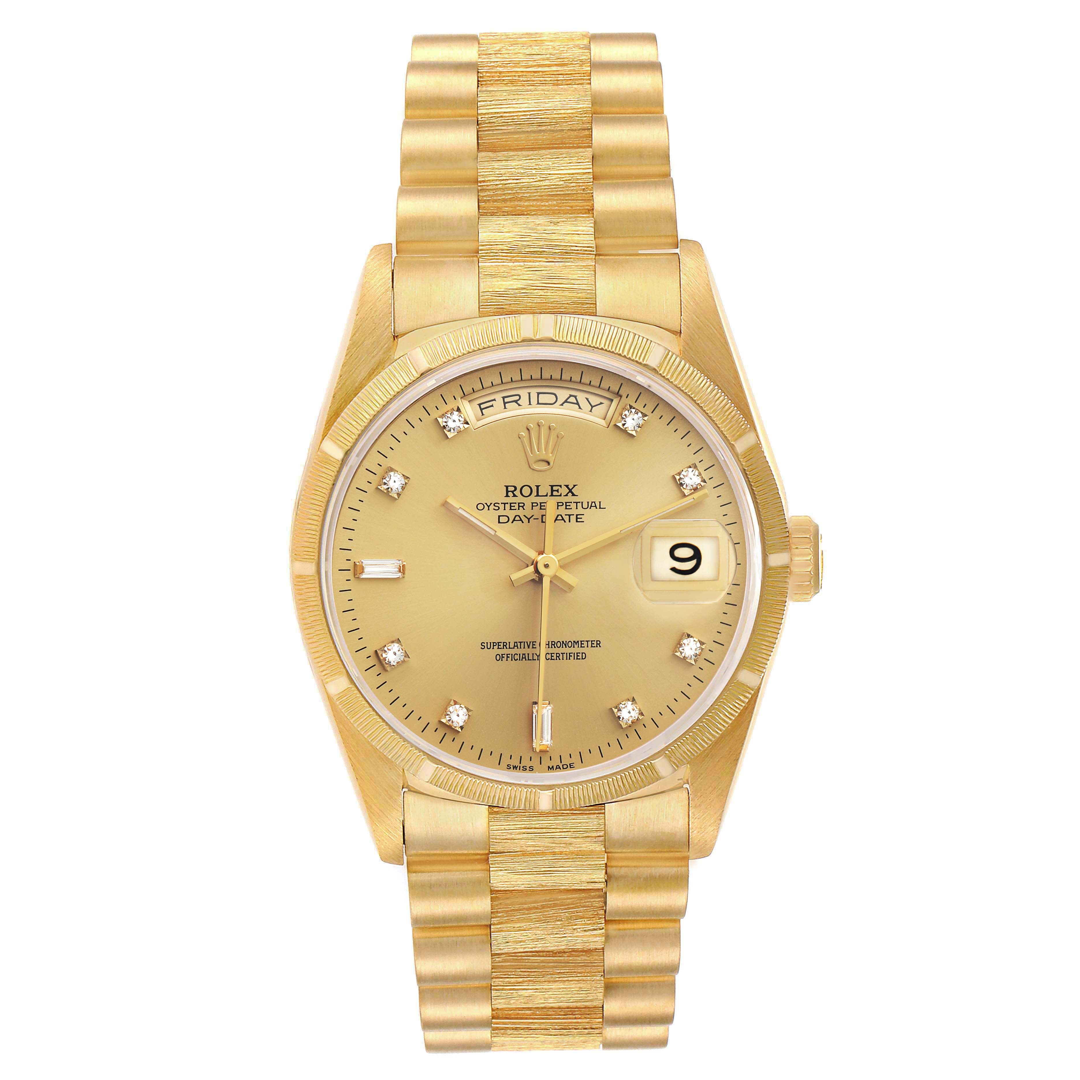 The Rolex President 18248 Men's Yellow Gold Champagne Dial model watch is shown from a frontal angle, displaying the gold dial, bracelet, and day-date features.