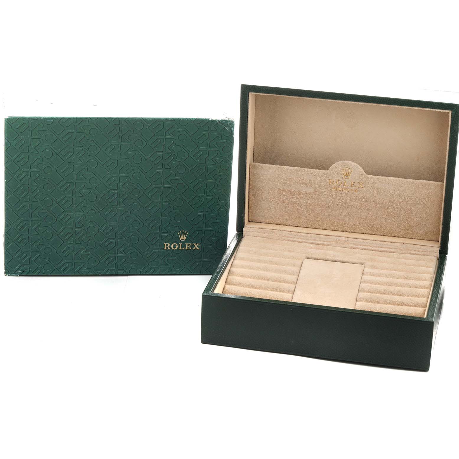 The image shows an open Rolex President 18248 Men's Yellow Gold Champagne Dial model watch box and its green packaging from a front angle.