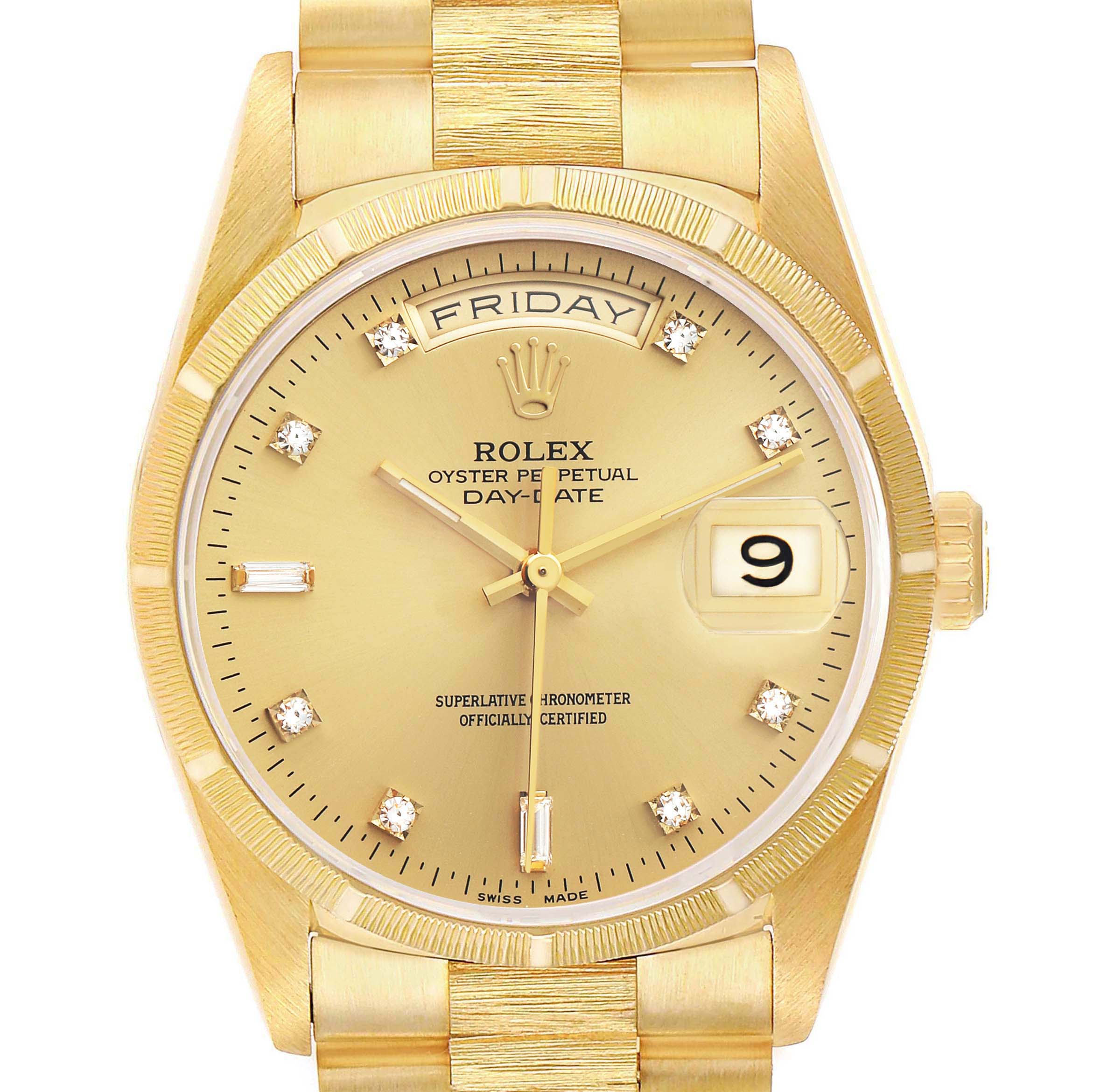 The image shows a frontal view of a Rolex President 18248 Men's Yellow Gold Champagne Dial model, highlighting the gold dial, day-date display, and diamond markers.