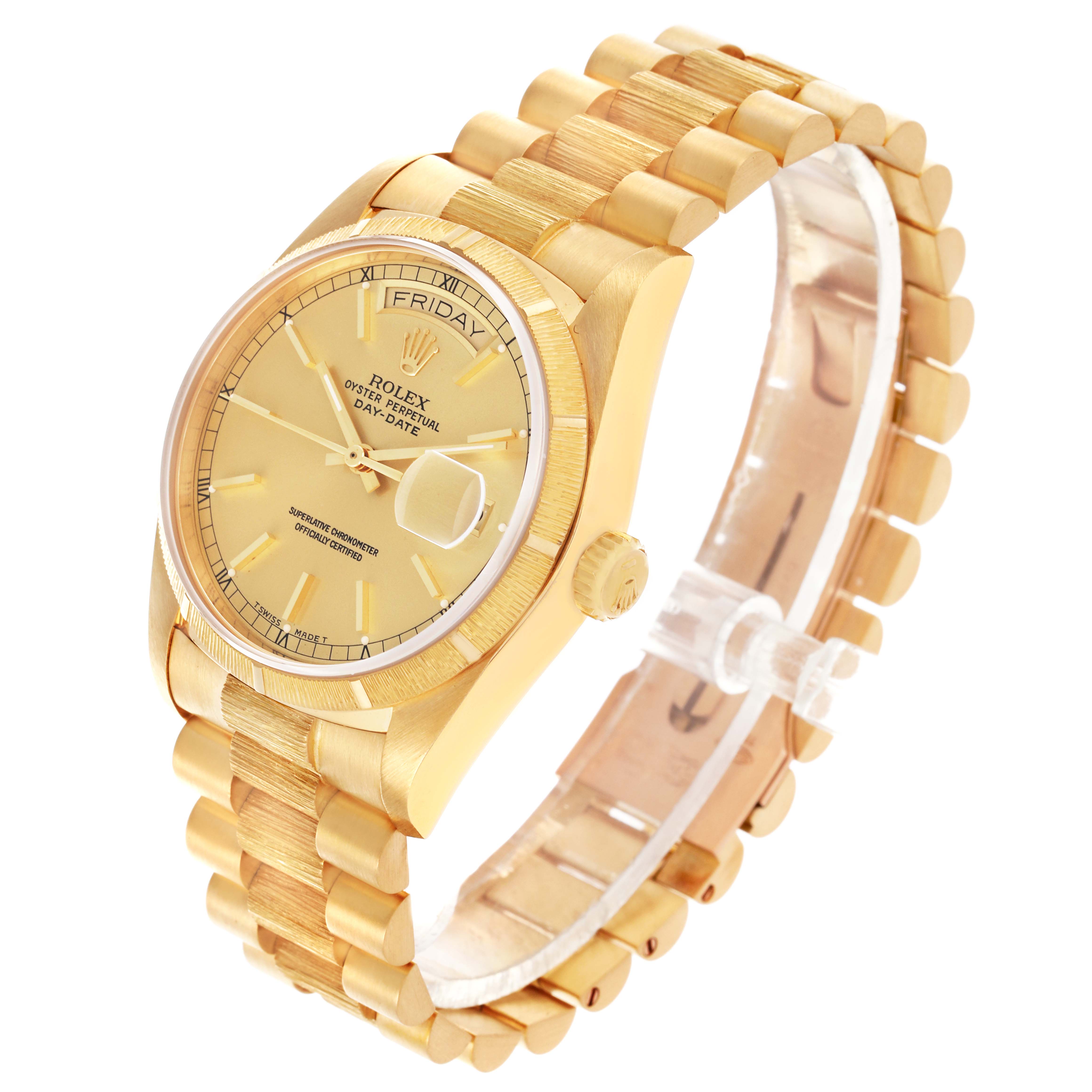 The Rolex President 18078 Men
s Yellow Gold Champagne Dial 18078 Men
s Yellow Gold Champagne Dial model watch is shown at a three-quarter angle, displaying the bracelet, dial, and crown.