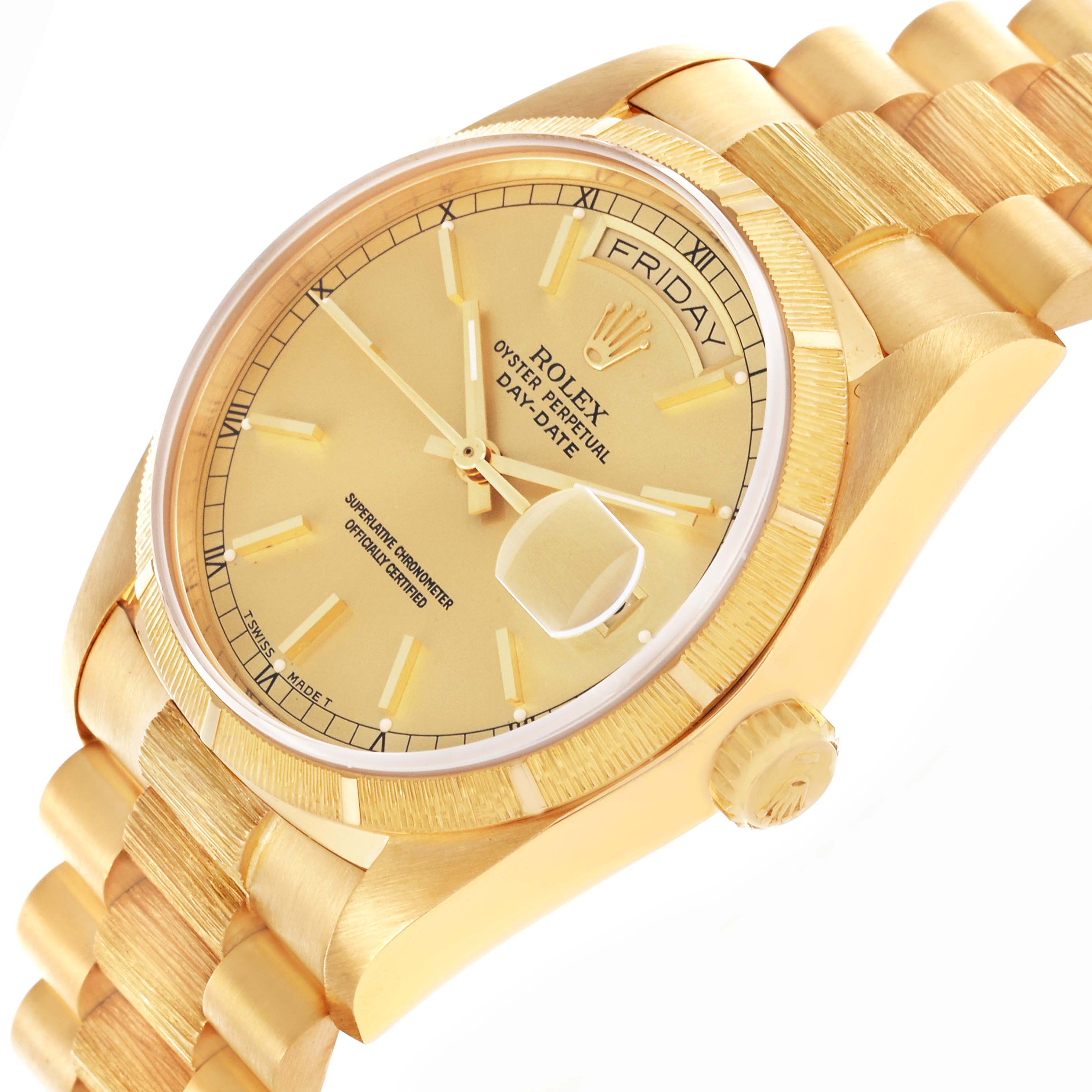 The Rolex President 18078 Men
s Yellow Gold Champagne Dial 18078 Men
s Yellow Gold Champagne Dial model watch is shown at an angled view, highlighting its dial, crown, day-date display, and bracelet.