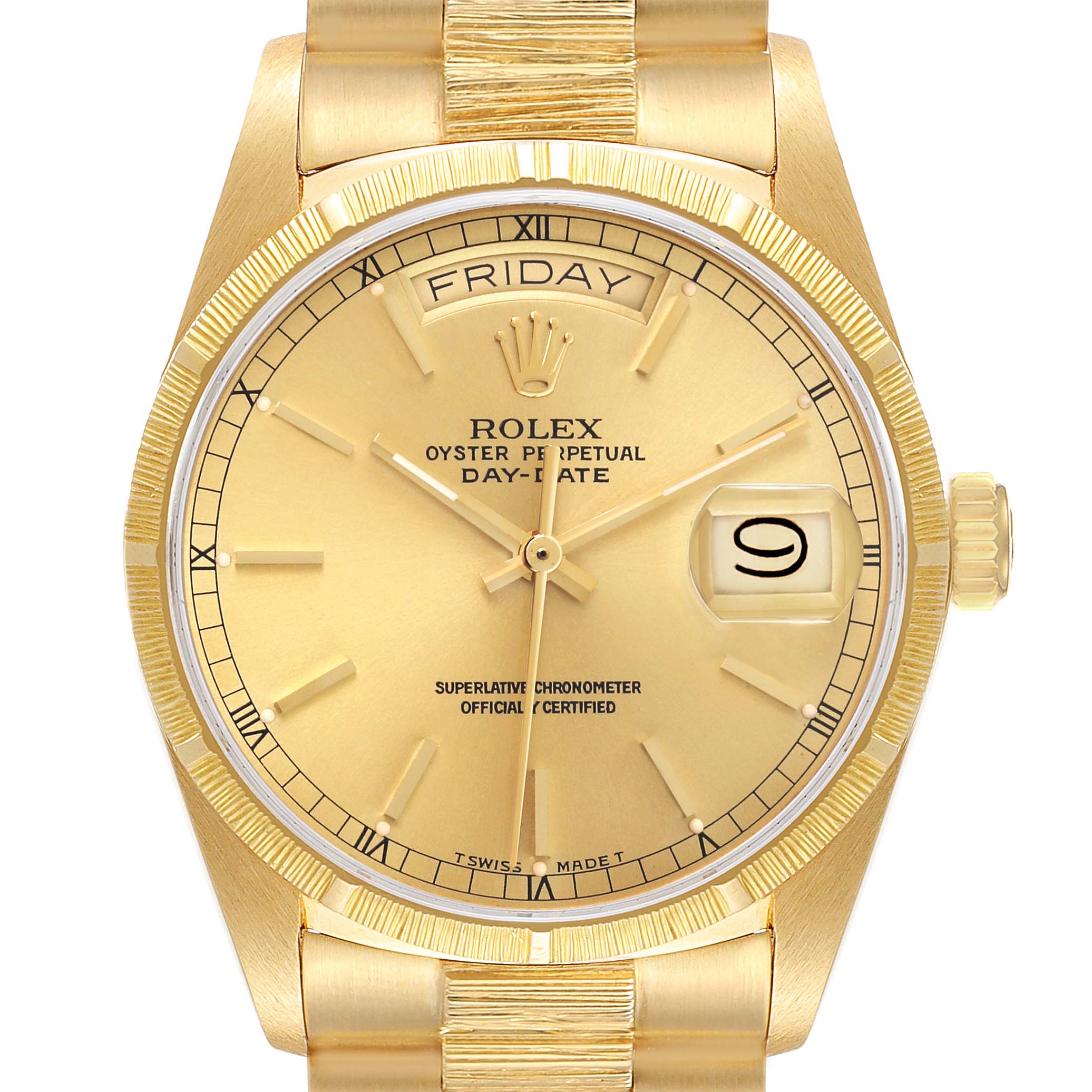 The Rolex President 18078 Men
s Yellow Gold Champagne Dial 18078 Men
s Yellow Gold Champagne Dial model is shown from a front angle, highlighting the dial, day-date display, and bracelet.