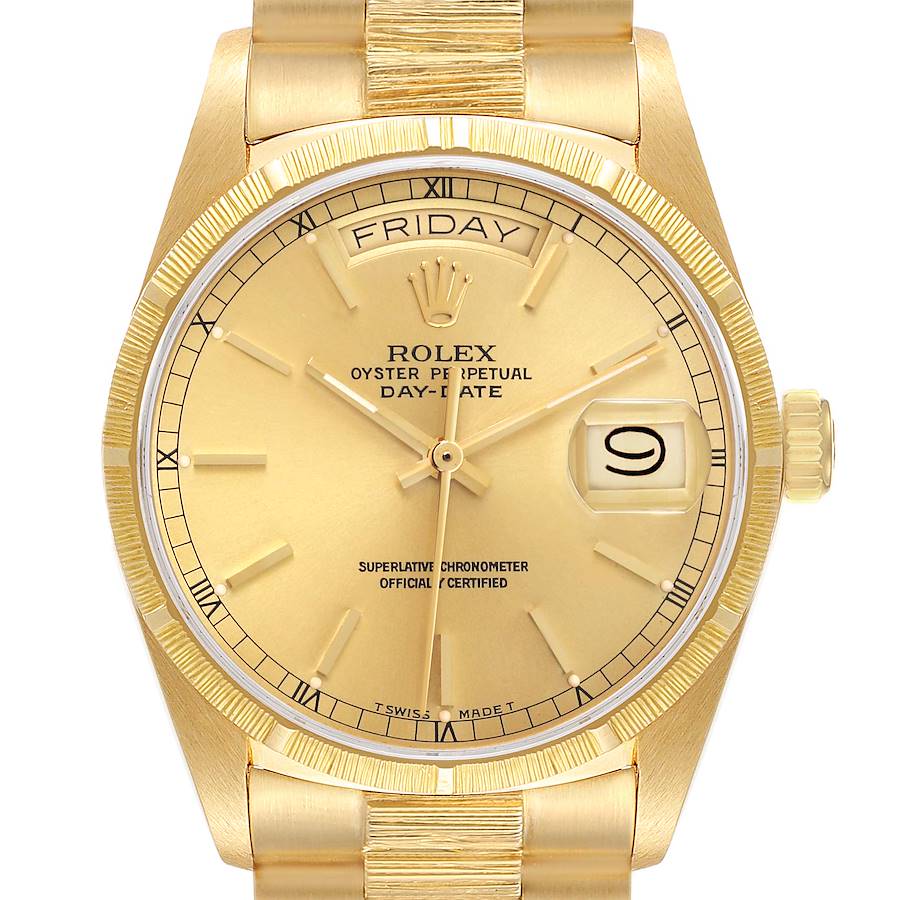 The Rolex President model is shown from a front angle, highlighting the dial, day-date display, and bracelet.