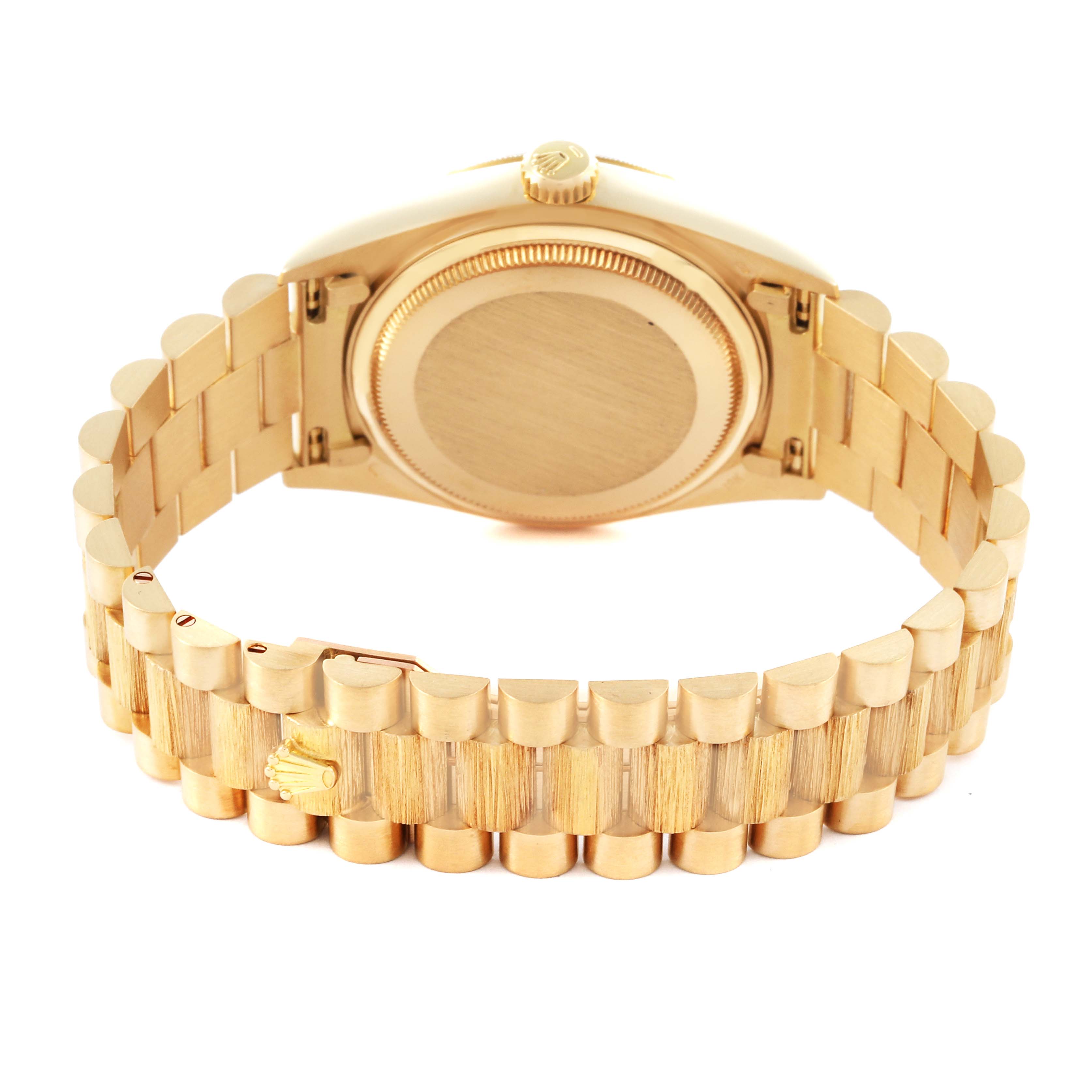 The image shows the back and bracelet of the Rolex President 18078 Men
s Yellow Gold Champagne Dial 18078 Men
s Yellow Gold Champagne Dial model, highlighting the clasp and case back.