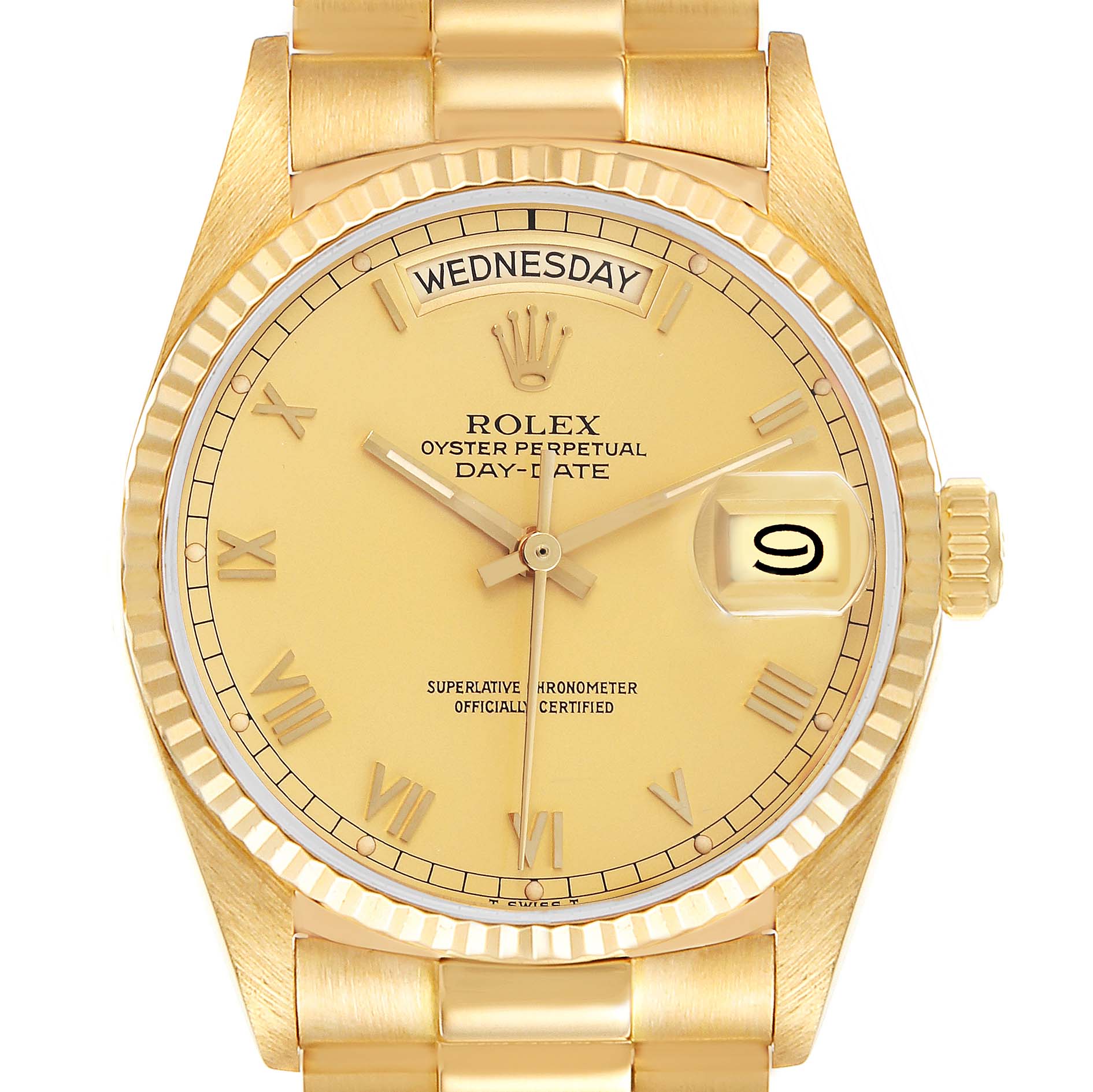 The image shows the Rolex President 18038 Men's Yellow Gold Champagne Dial 18038 Men's Yellow Gold Champagne Dial model watch face on, displaying the dial, hands, fluted bezel, and bracelet.