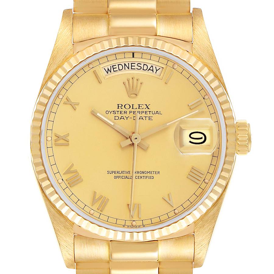 The image shows the Rolex President model watch face on, displaying the dial, hands, fluted bezel, and bracelet.