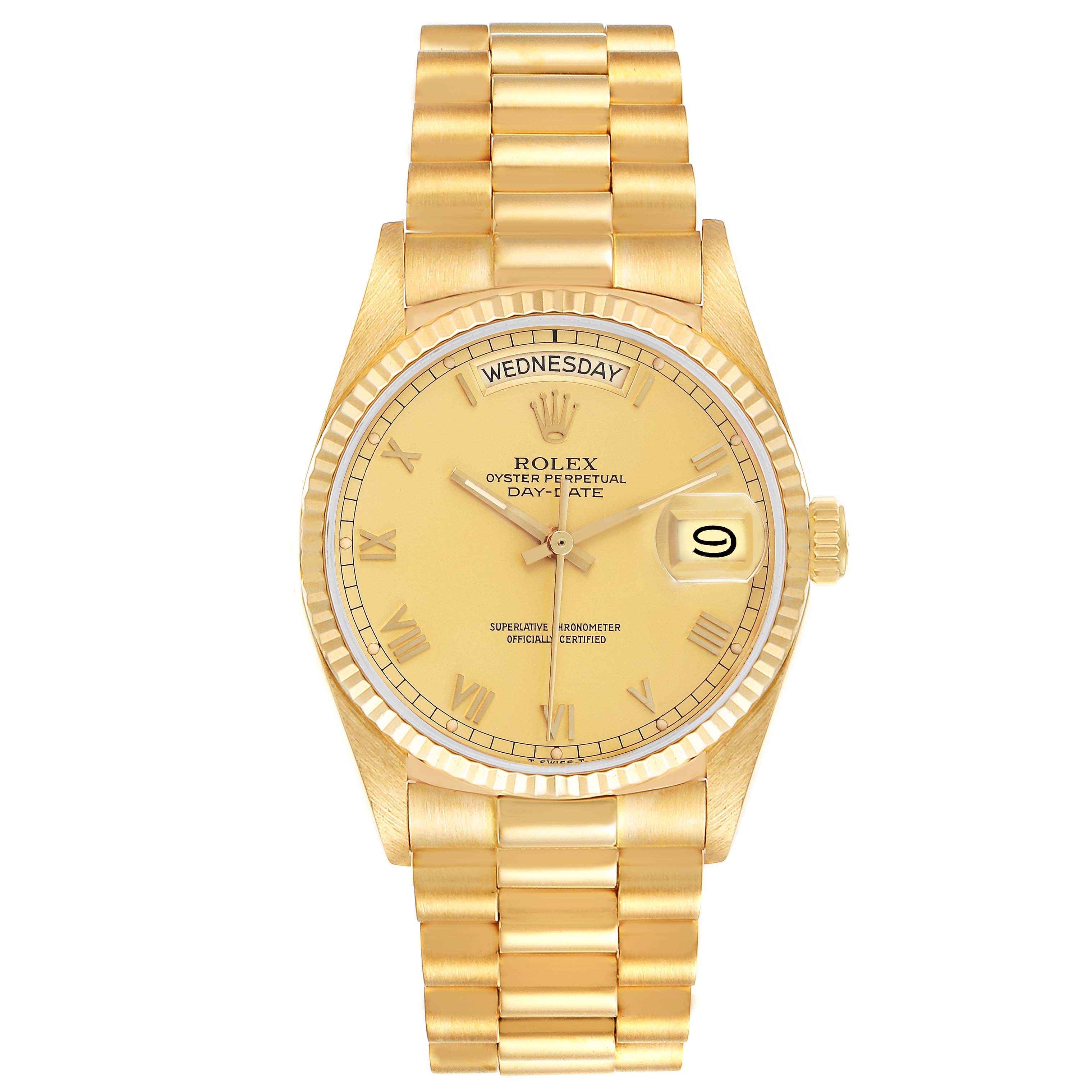 The Rolex President 18038 Men's Yellow Gold Champagne Dial 18038 Men's Yellow Gold Champagne Dial model watch is shown from a front angle, displaying the face, bracelet, and bezel.