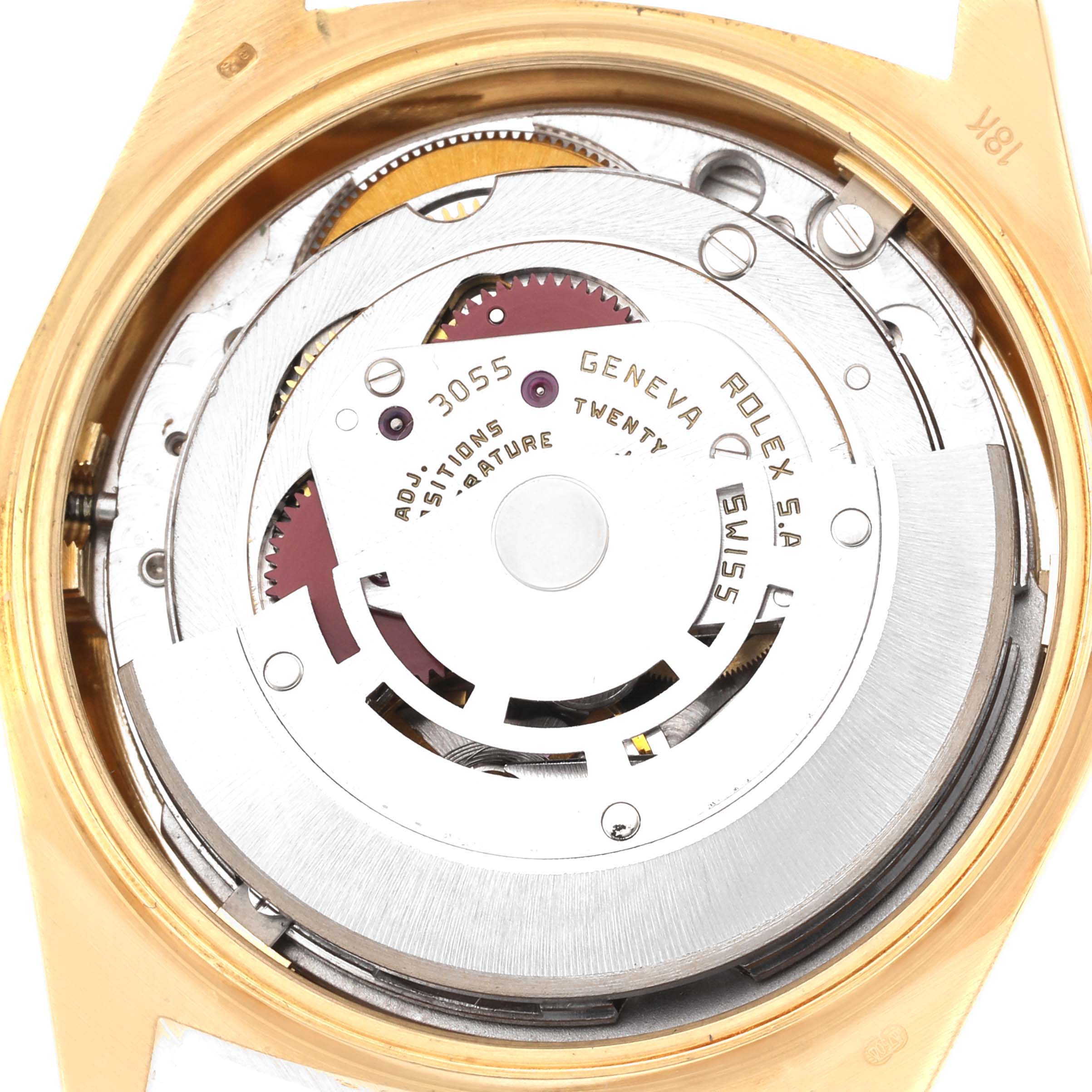 The image shows the internal movement mechanism of a Rolex President 18038 Men's Yellow Gold Champagne Dial 18038 Men's Yellow Gold Champagne Dial model from a rear angle.