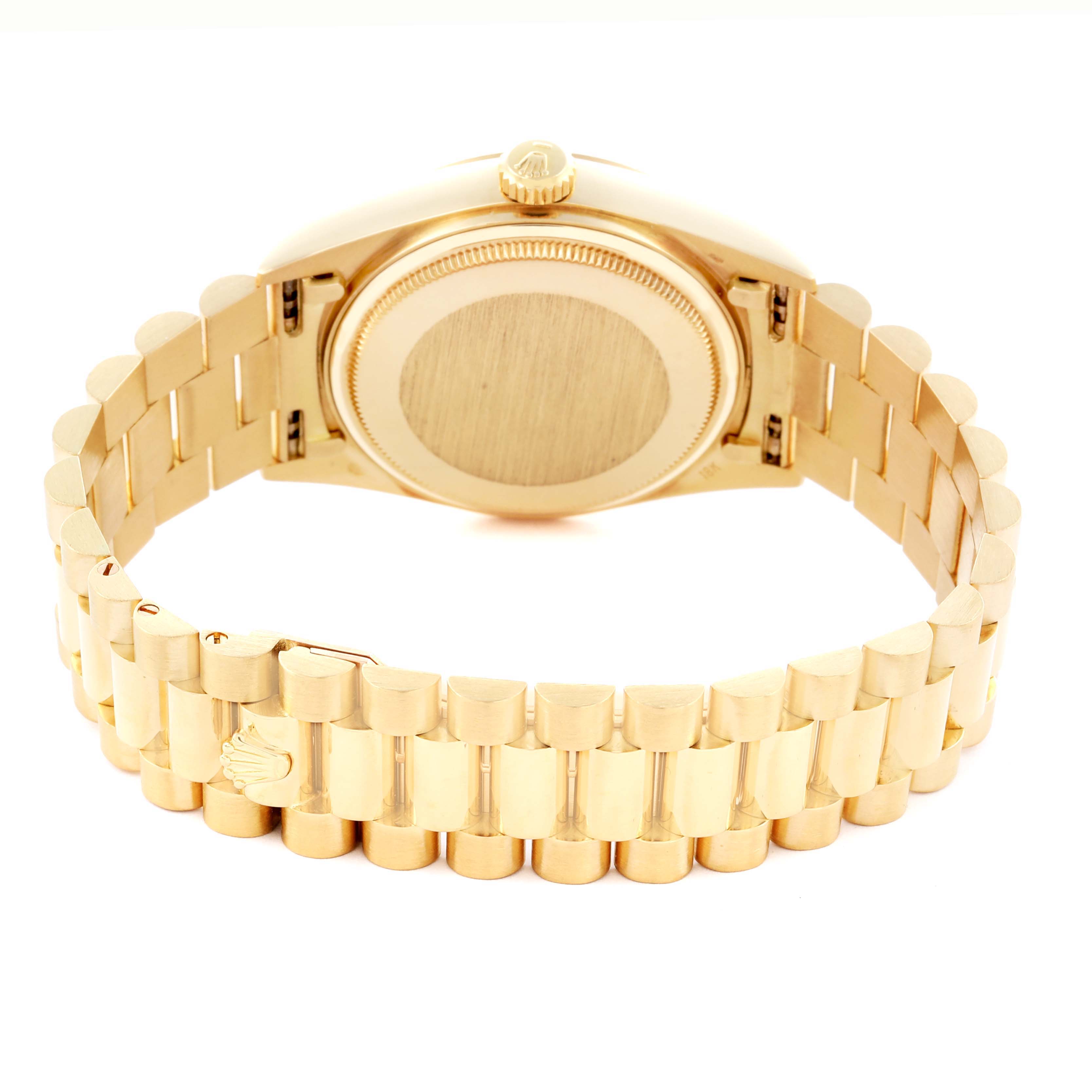 The image shows the back and bracelet of the Rolex President 18038 Men's Yellow Gold Champagne Dial 18038 Men's Yellow Gold Champagne Dial model from a rear angle.
