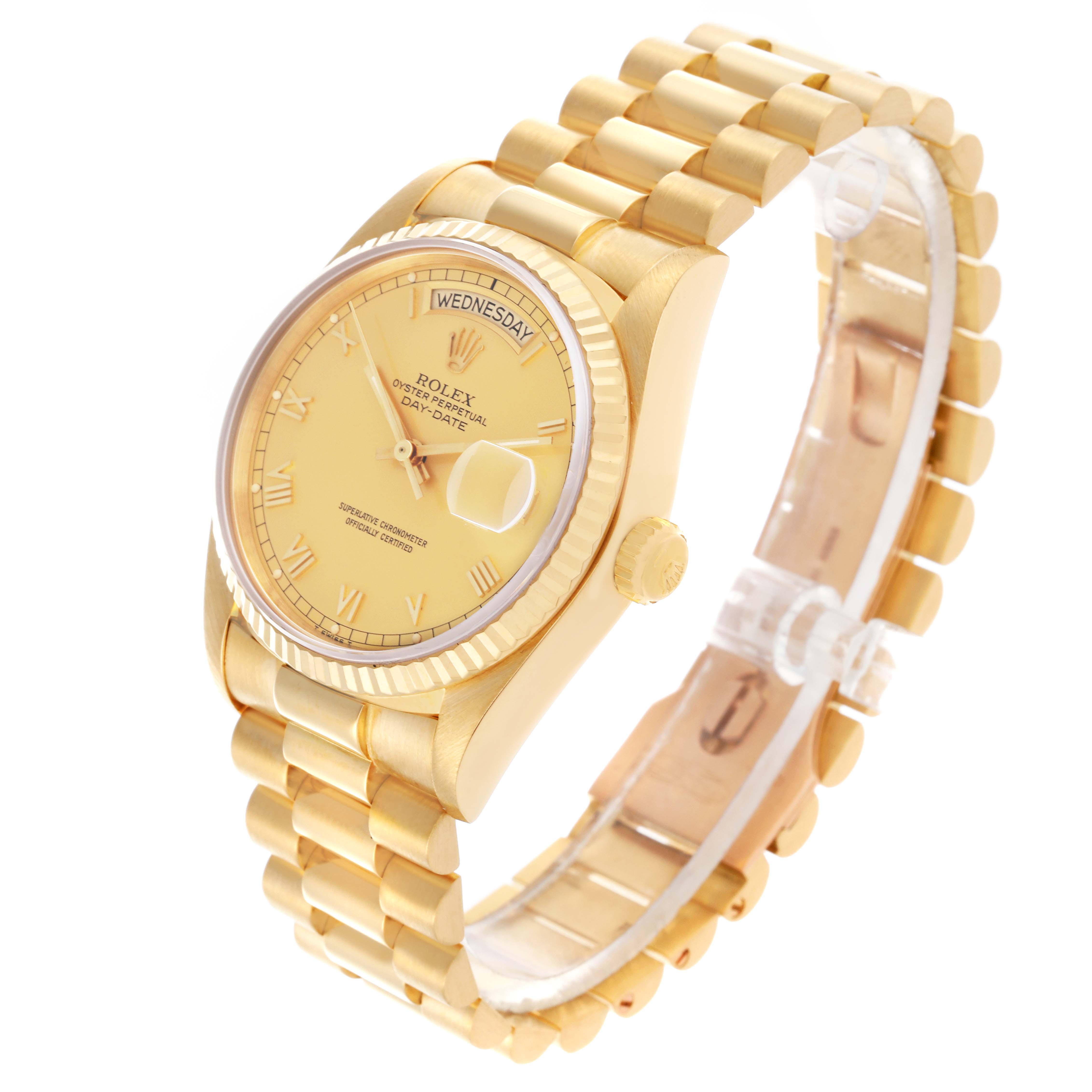 The Rolex President 18038 Men's Yellow Gold Champagne Dial 18038 Men's Yellow Gold Champagne Dial model is shown at a three-quarter angle, displaying the dial, case, bezel, bracelet, and crown.