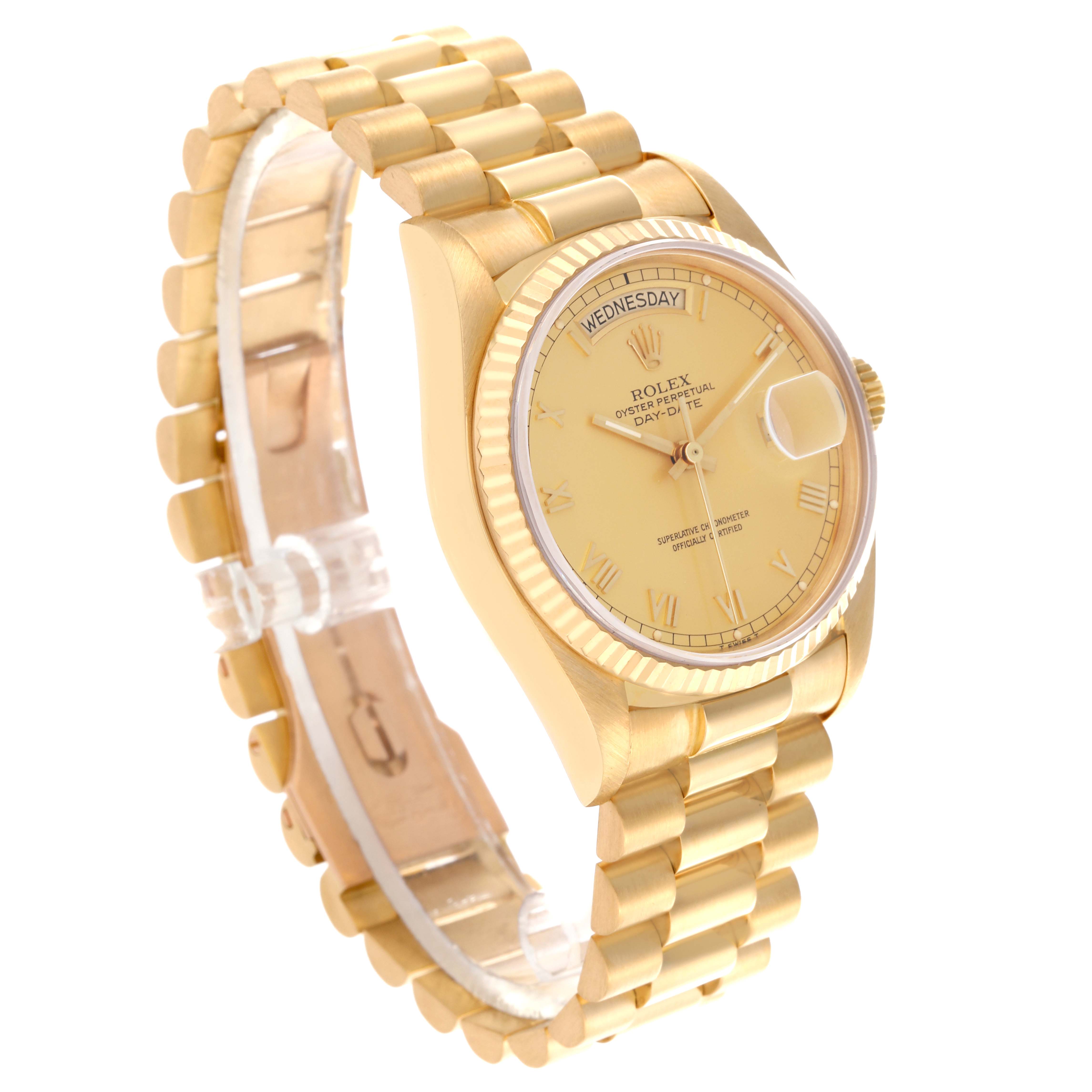 The Rolex President 18038 Men's Yellow Gold Champagne Dial 18038 Men's Yellow Gold Champagne Dial model is shown at a three-quarter angle, displaying the dial, bezel, and bracelet.