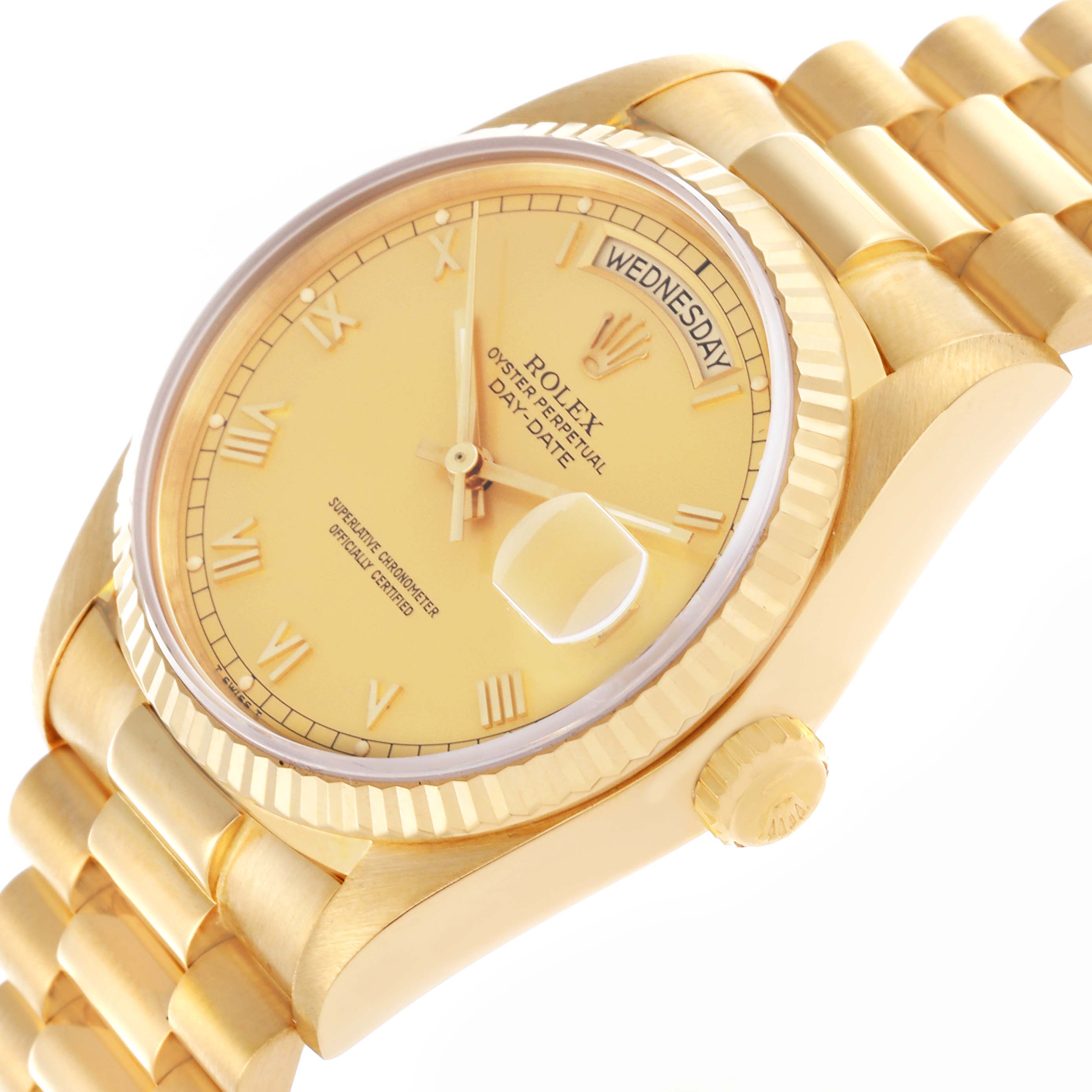 The image shows a side view of the Rolex President 18038 Men's Yellow Gold Champagne Dial 18038 Men's Yellow Gold Champagne Dial watch, highlighting the gold case, bezel, dial, crown, and bracelet.
