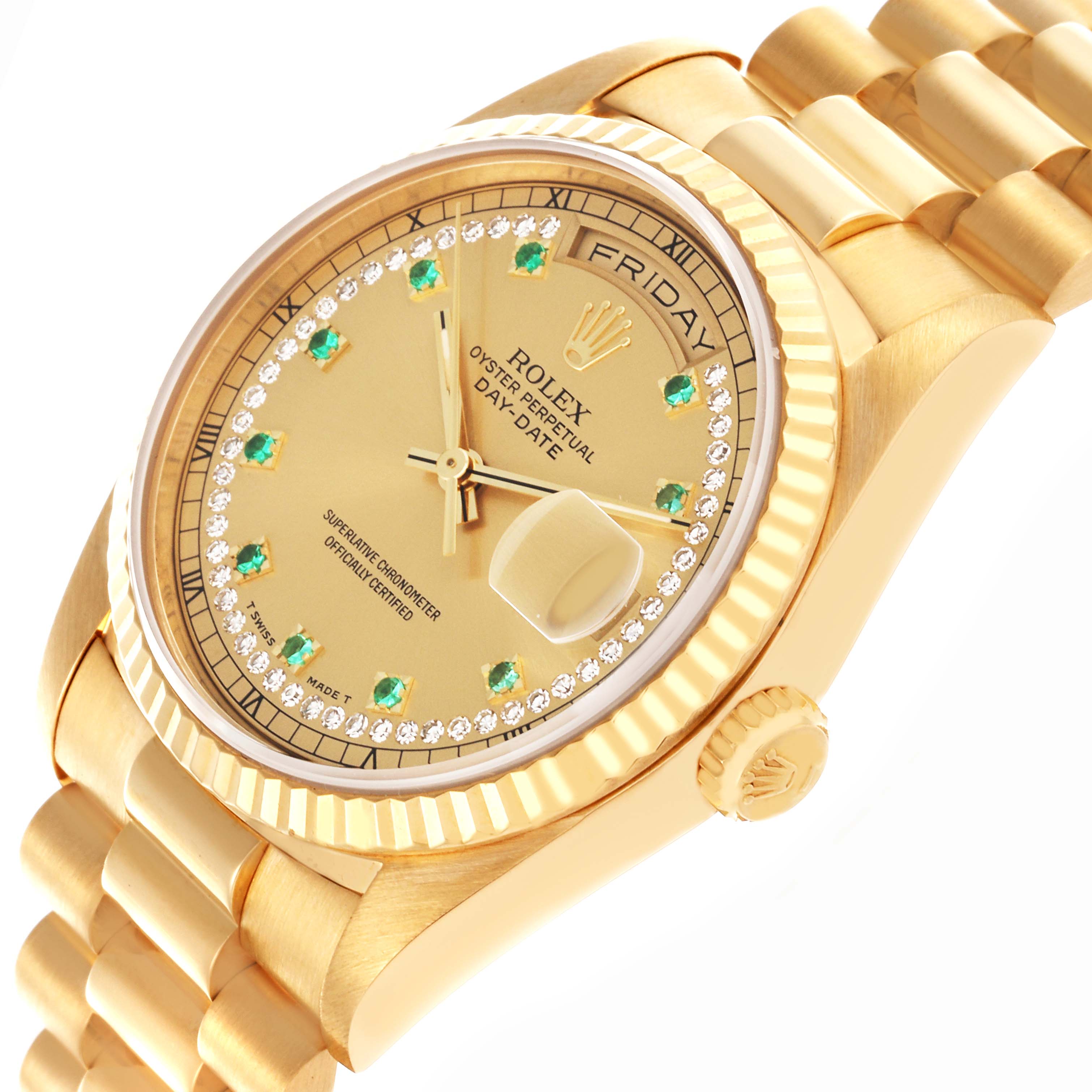 The Rolex Datejust watch is shown at an angle emphasizing the face, crown, and bracelet in gold.