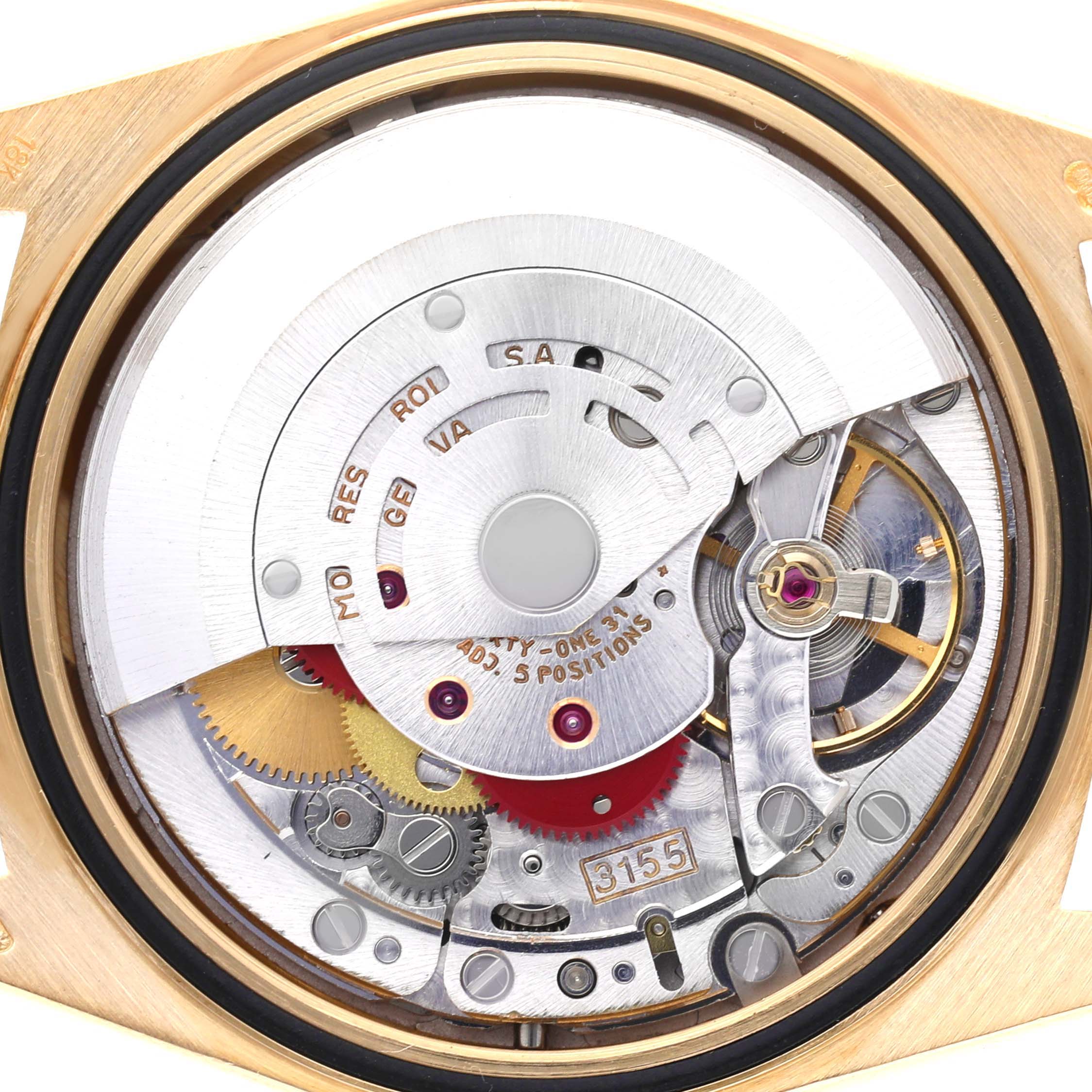 The image shows the movement mechanism of a Rolex Datejust watch from a rear view.