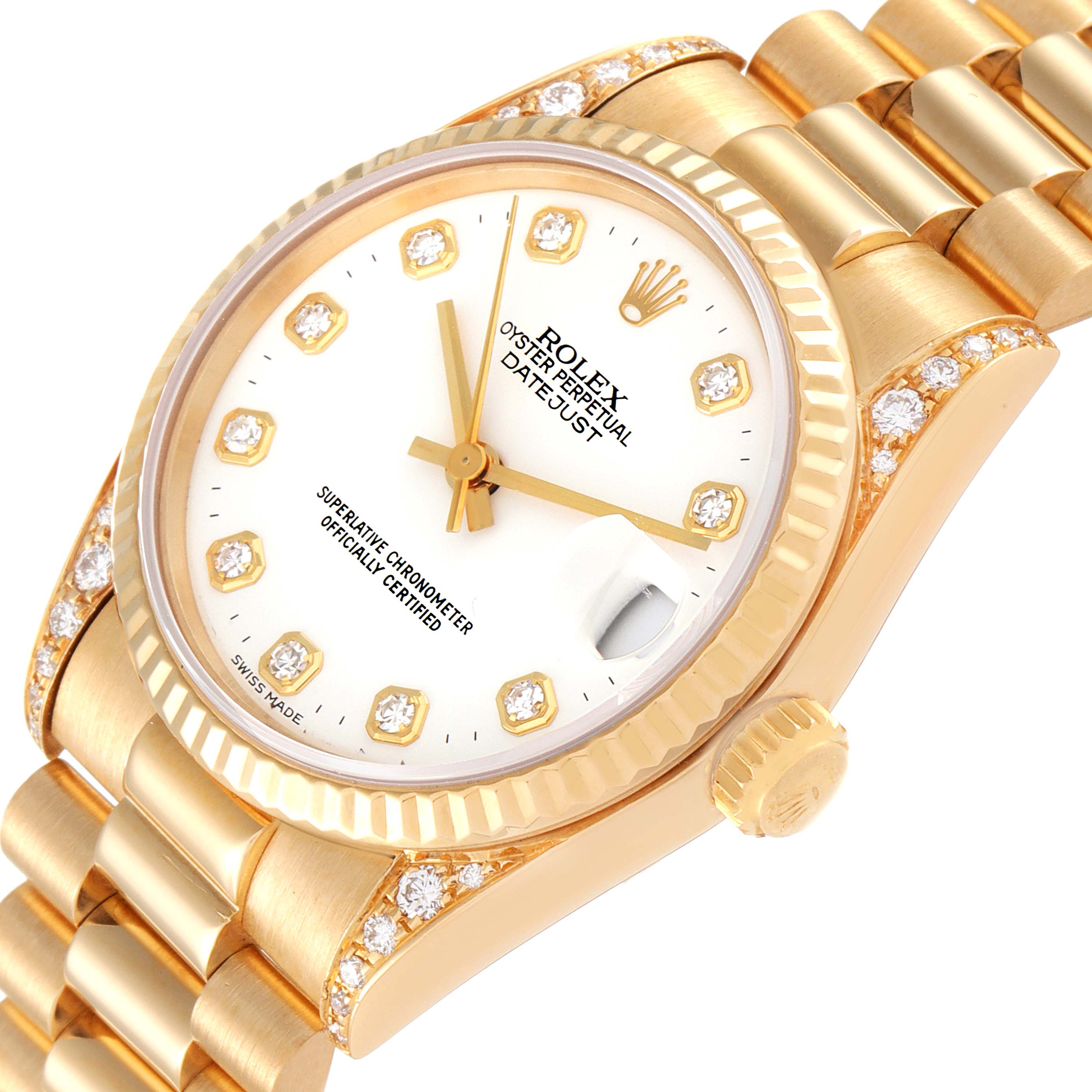This image shows a close-up view of a Rolex President 68238 Women's Yellow Gold White Dial 68238 Women's Yellow Gold White Dial model's watch face, bezel, crown, and bracelet.