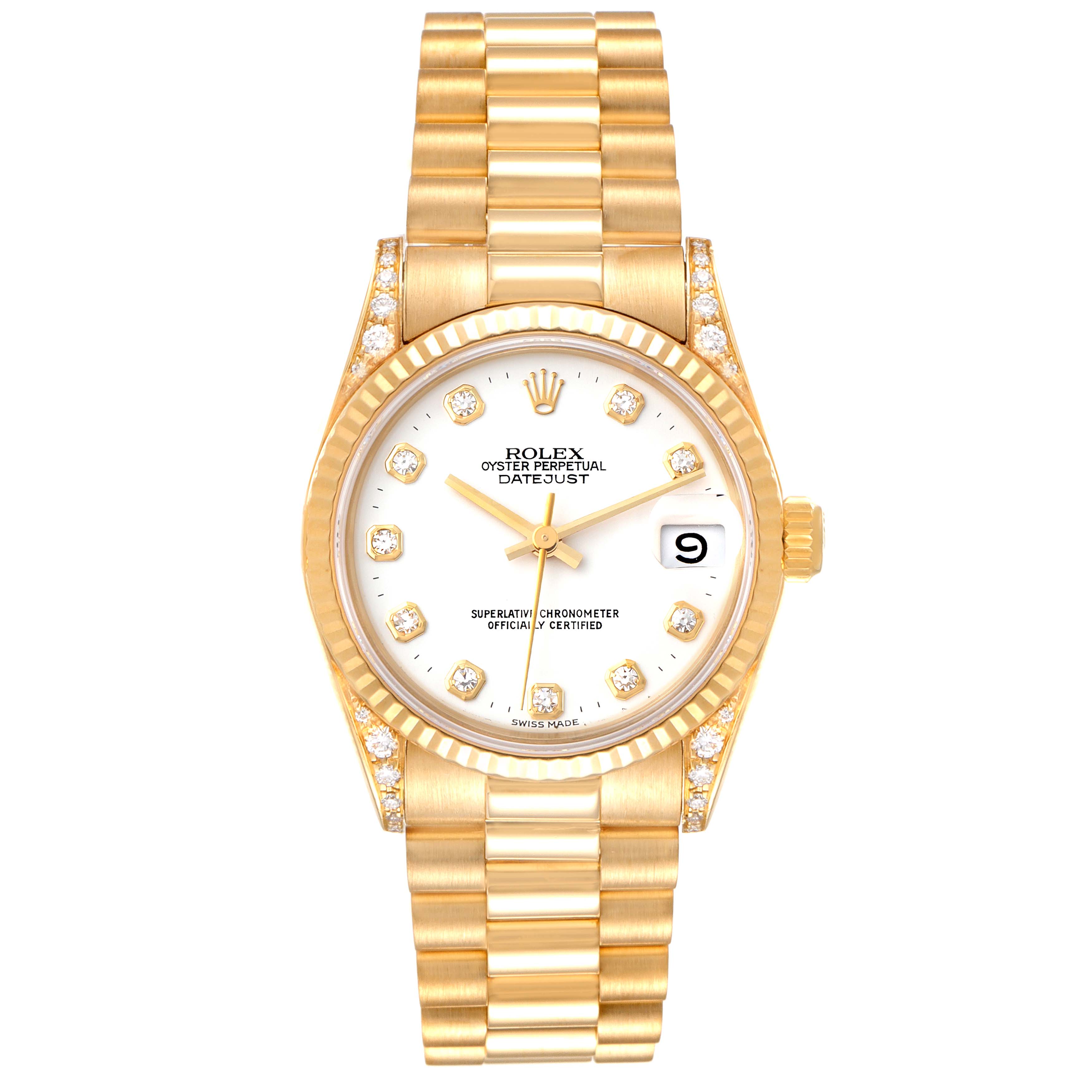 The Rolex President 68238 Women's Yellow Gold White Dial 68238 Women's Yellow Gold White Dial Datejust watch is shown from a top-down angle, displaying the face, bezel, and bracelet.