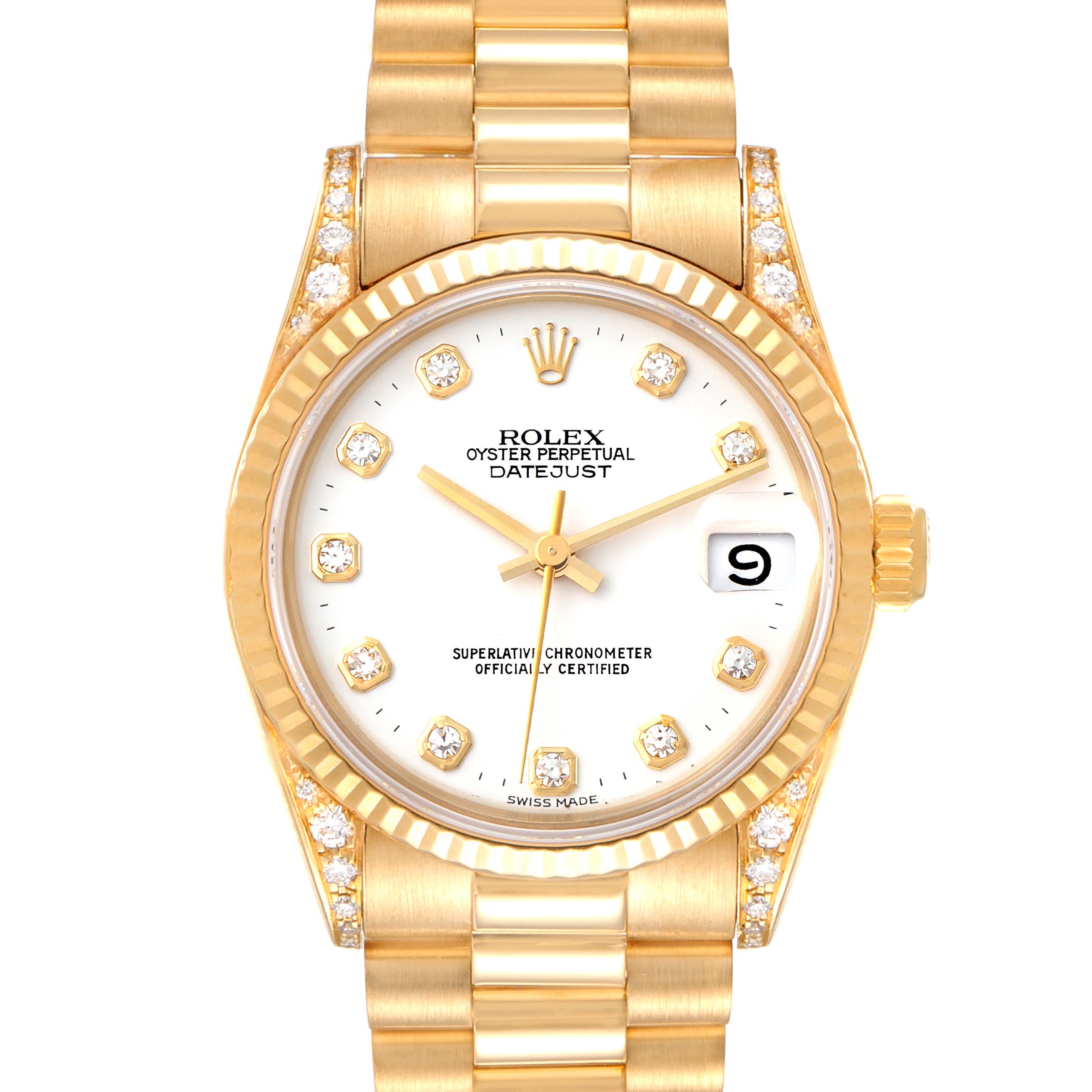 This image shows a front view of the Rolex President 68238 Women's Yellow Gold White Dial 68238 Women's Yellow Gold White Dial model watch, displaying its dial, bezel, and part of the bracelet.