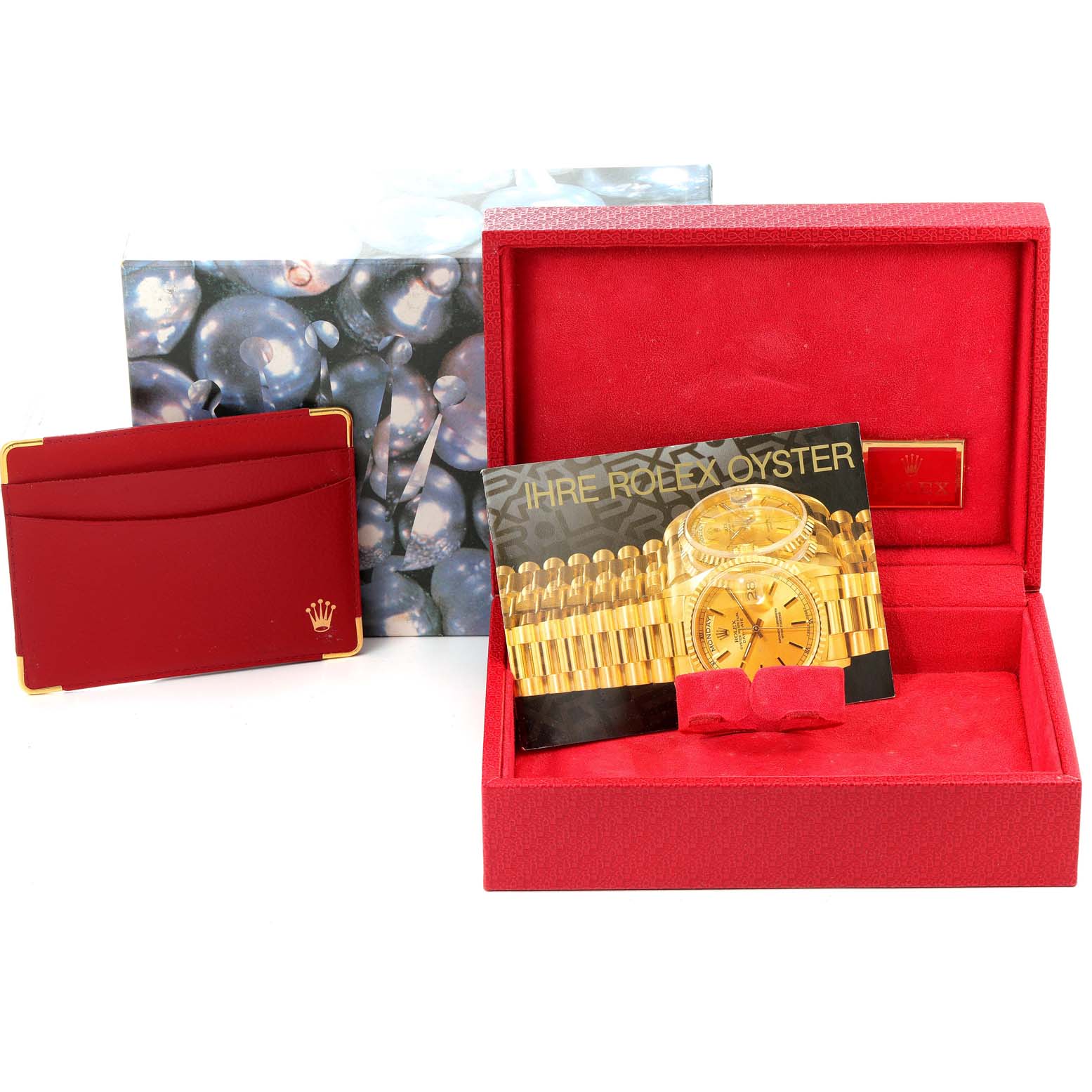 The image shows a Rolex President 68238 Women's Yellow Gold White Dial 68238 Women's Yellow Gold White Dial model watch in its box, along with a cardholder and a brochure.