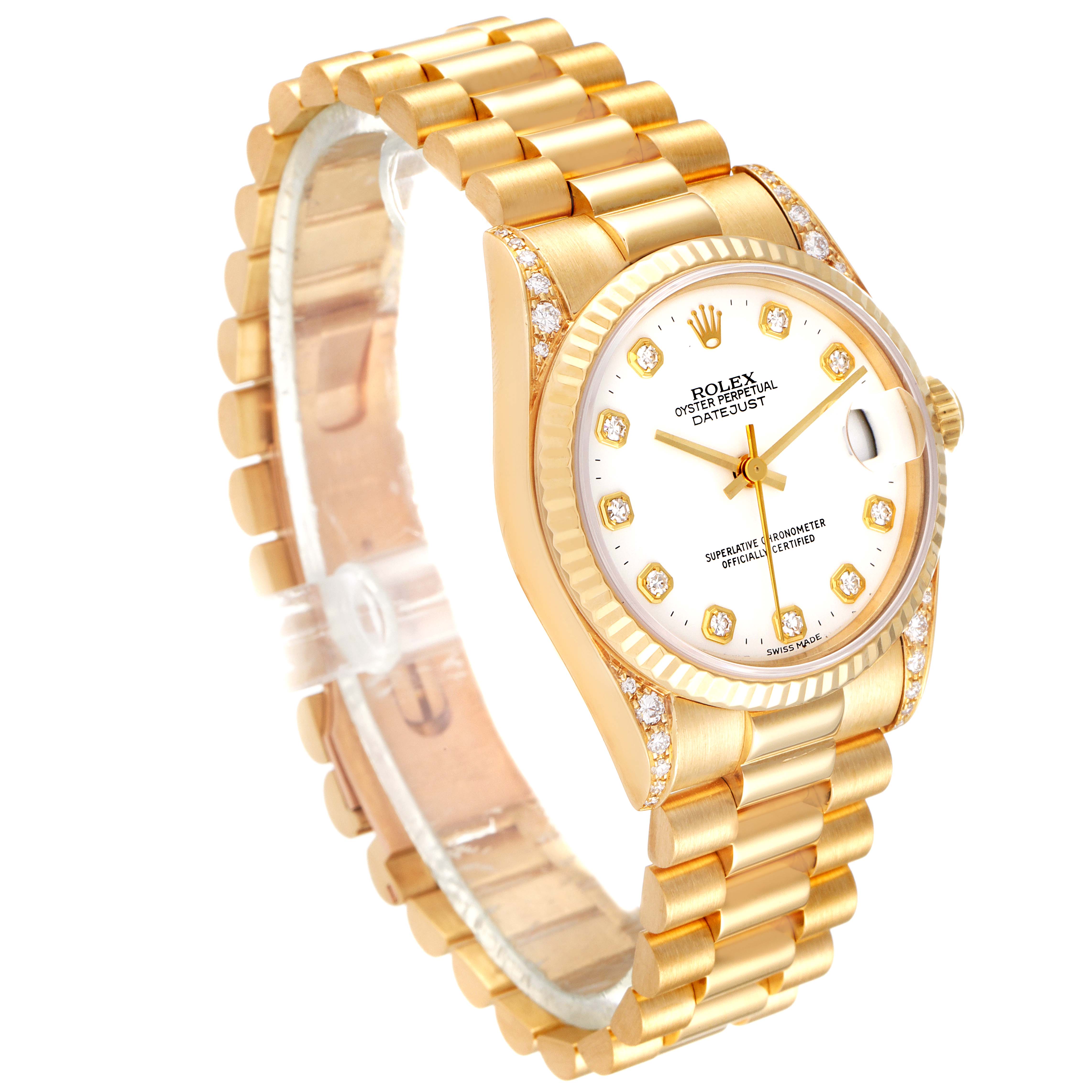 The Rolex President 68238 Women's Yellow Gold White Dial 68238 Women's Yellow Gold White Dial model watch is shown from a three-quarter angle, highlighting its gold band, dial, and diamond markers.