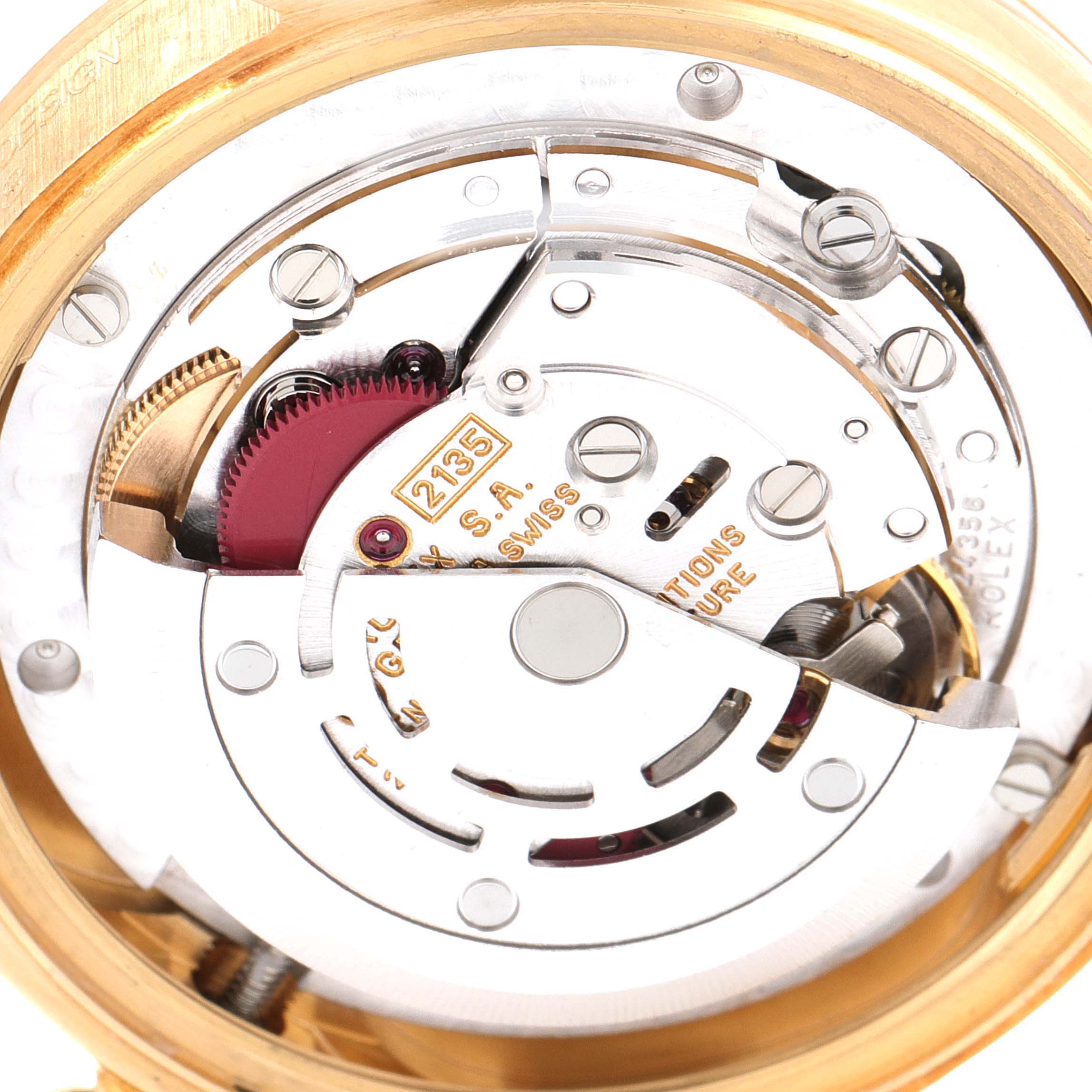 The image shows an up-close view of the internal mechanism of a Rolex President 68238 Women's Yellow Gold White Dial 68238 Women's Yellow Gold White Dial model watch.