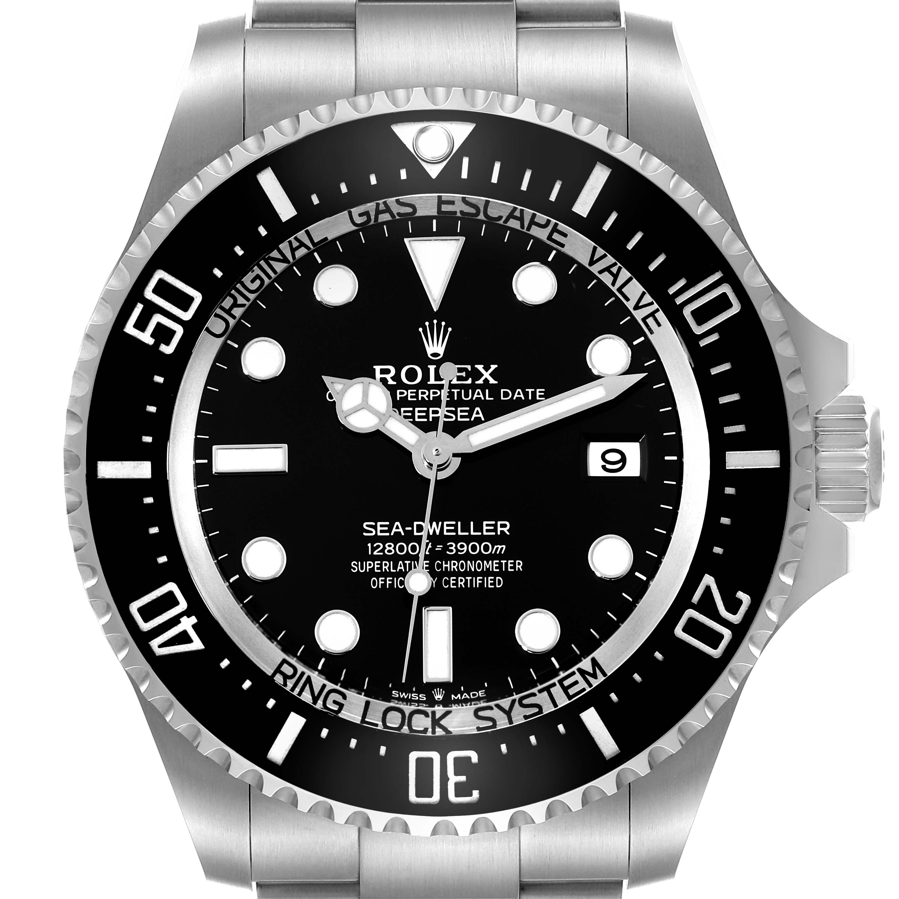 The image shows a front view of the Rolex Sea-Dweller 136660 Men
s Stainless Steel Black Dial 136660 Men
s Stainless Steel Black Dial model, with a focus on its dial, bezel, and part of the bracelet.