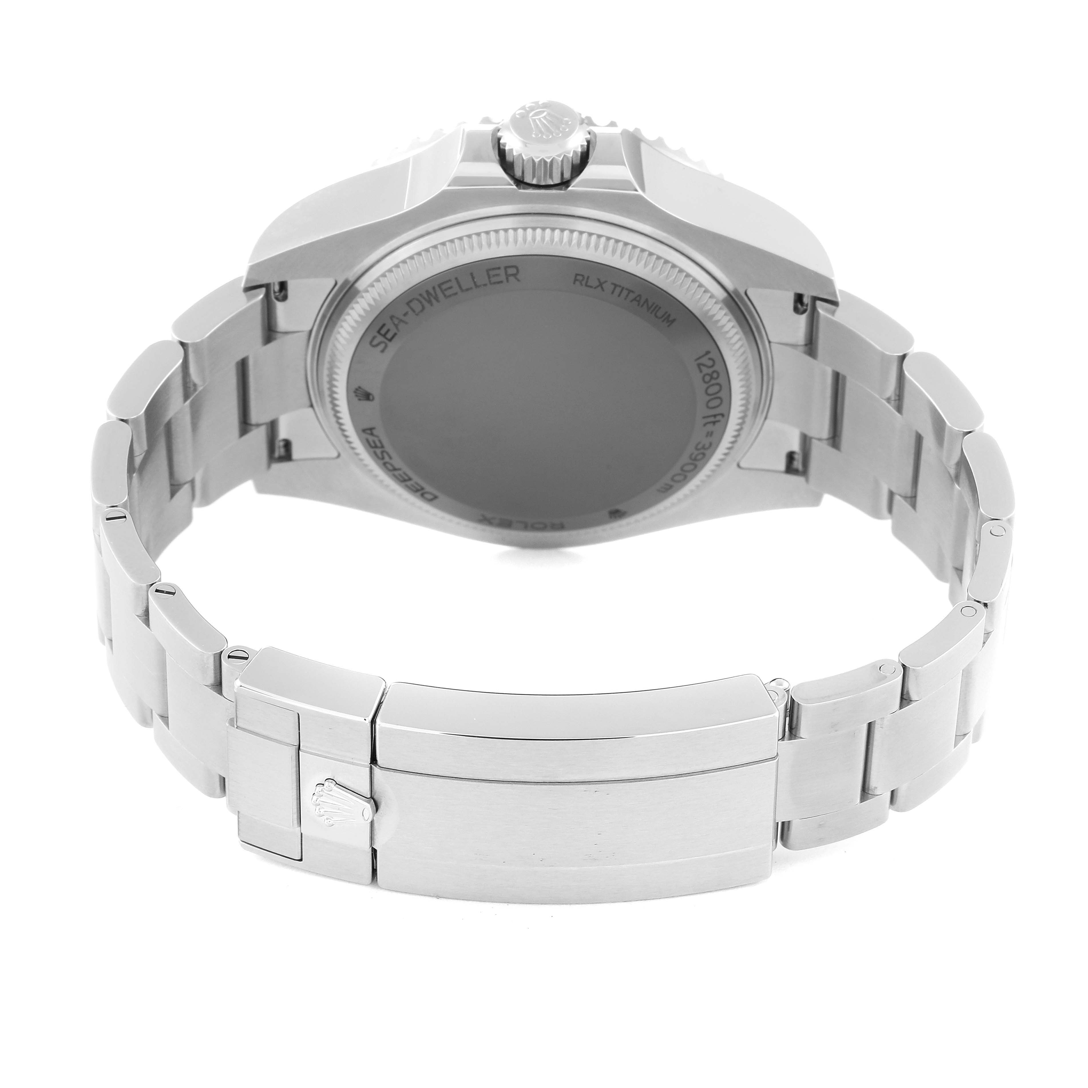 This image shows the back case and bracelet of the Rolex Sea-Dweller 136660 Men
s Stainless Steel Black Dial 136660 Men
s Stainless Steel Black Dial watch from a bottom perspective.