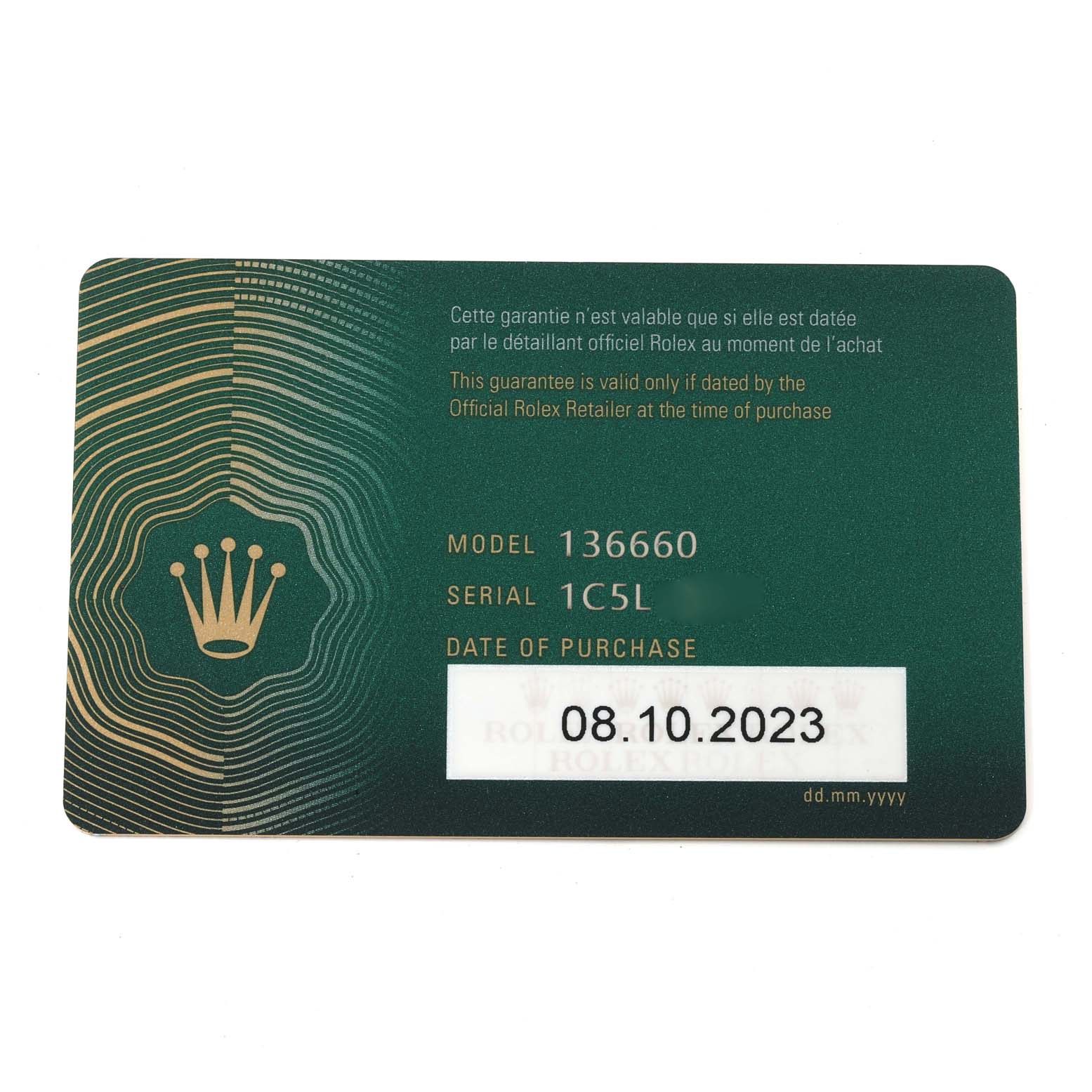 The image shows a Rolex warranty card for the Sea-Dweller model 136660 with serial number 1C5L and purchase date of 08.10.2023.