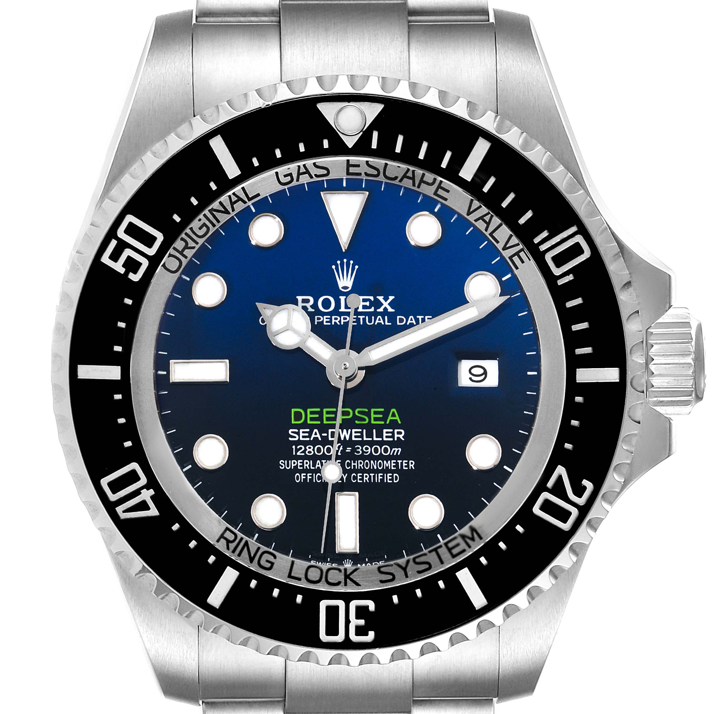 The image shows a front view of the Rolex Sea-Dweller 126660 Men
s Stainless Steel Blue Dial 126660 Men
s Stainless Steel Blue Dial Deepsea watch, highlighting the dial, bezel, and part of the bracelet.