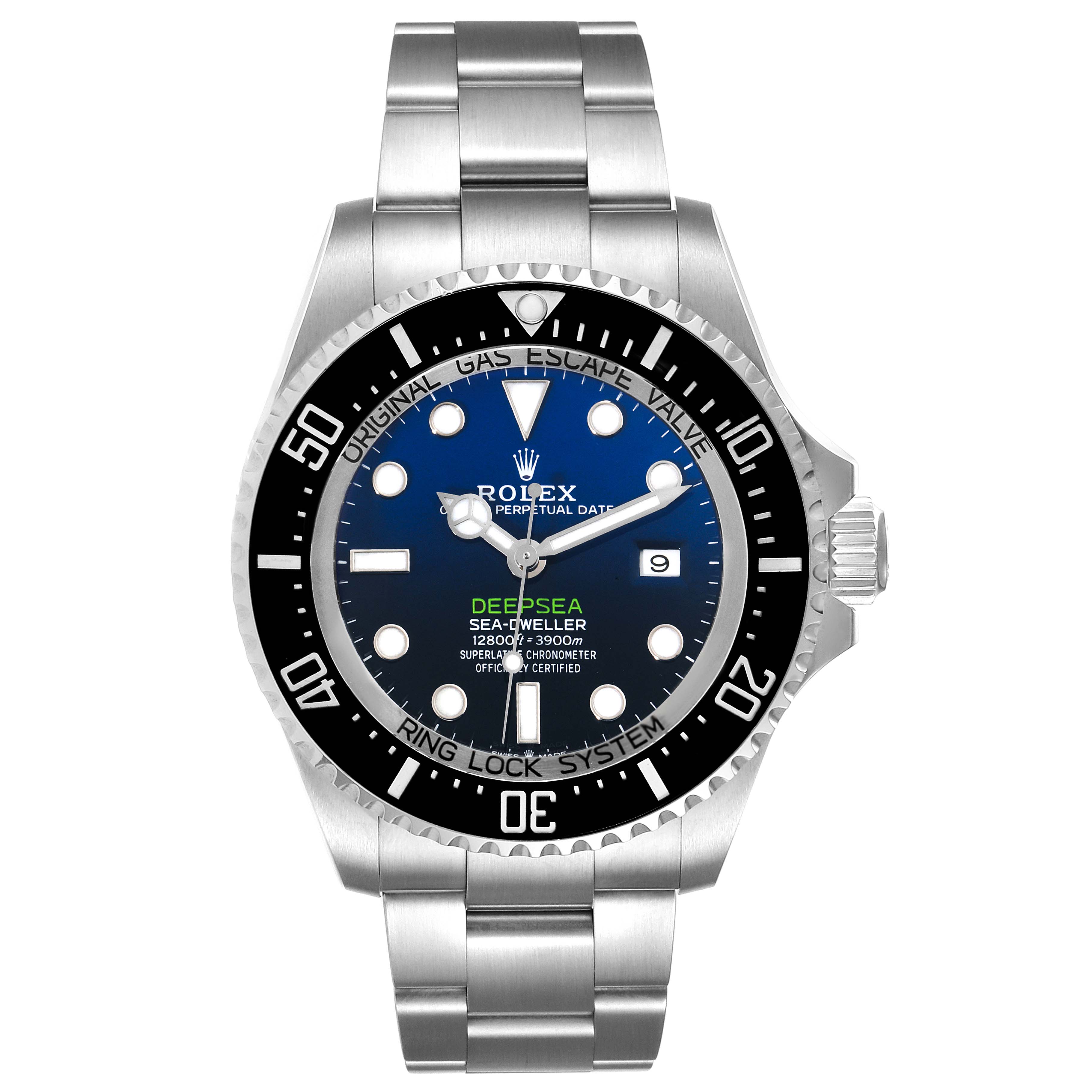 The image shows a front view of a Rolex Sea-Dweller 126660 Men
s Stainless Steel Blue Dial 126660 Men
s Stainless Steel Blue Dial watch, displaying its dial, bezel, crown, and bracelet.