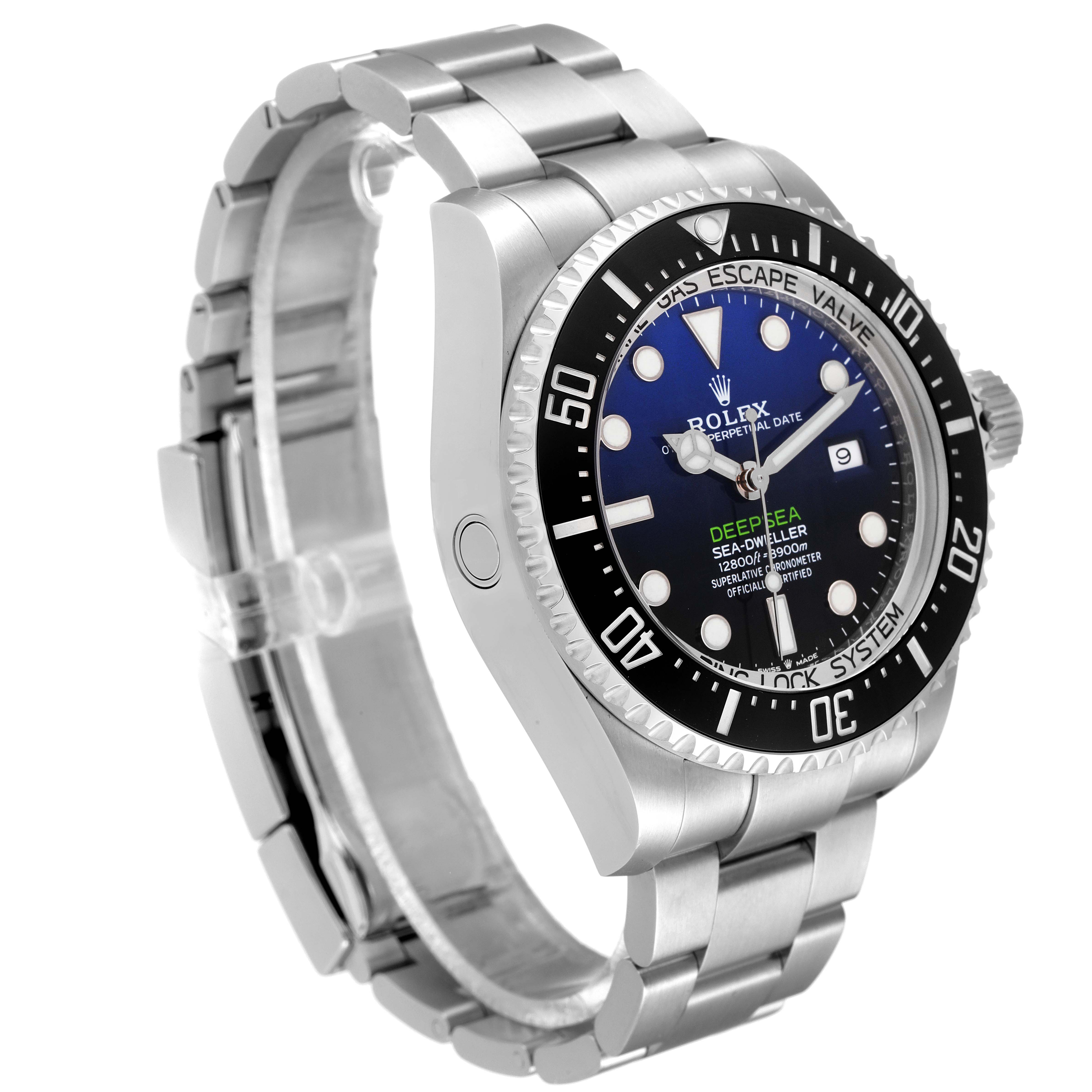 The Rolex Sea-Dweller 126660 Men
s Stainless Steel Blue Dial 126660 Men
s Stainless Steel Blue Dial watch is shown at an angle displaying the front, bezel, crown, and part of the bracelet.