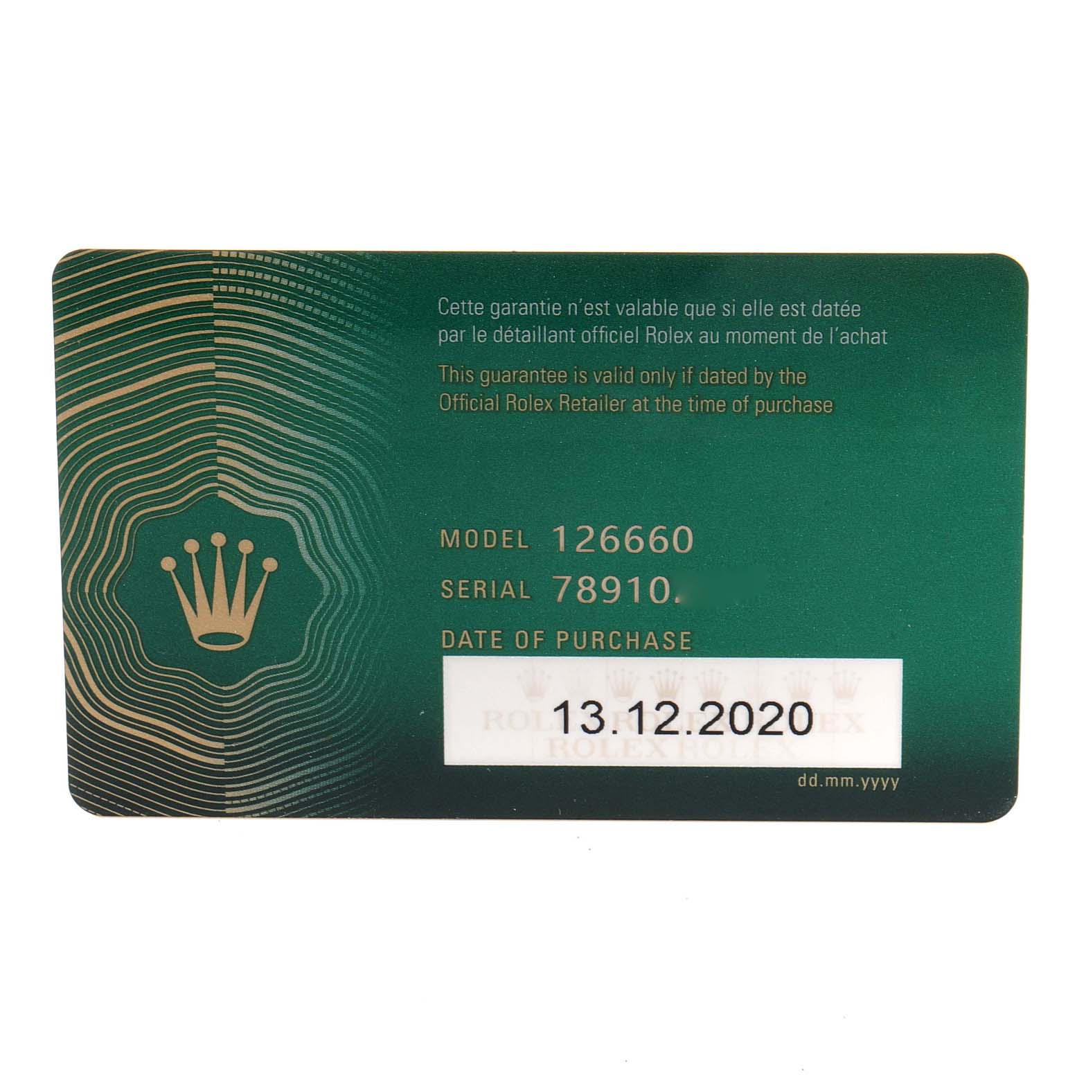 This image shows the warranty card for the Rolex Sea-Dweller 126660 Men
s Stainless Steel Blue Dial 126660 Men
s Stainless Steel Blue Dial model 126660, displaying the serial number and purchase date.