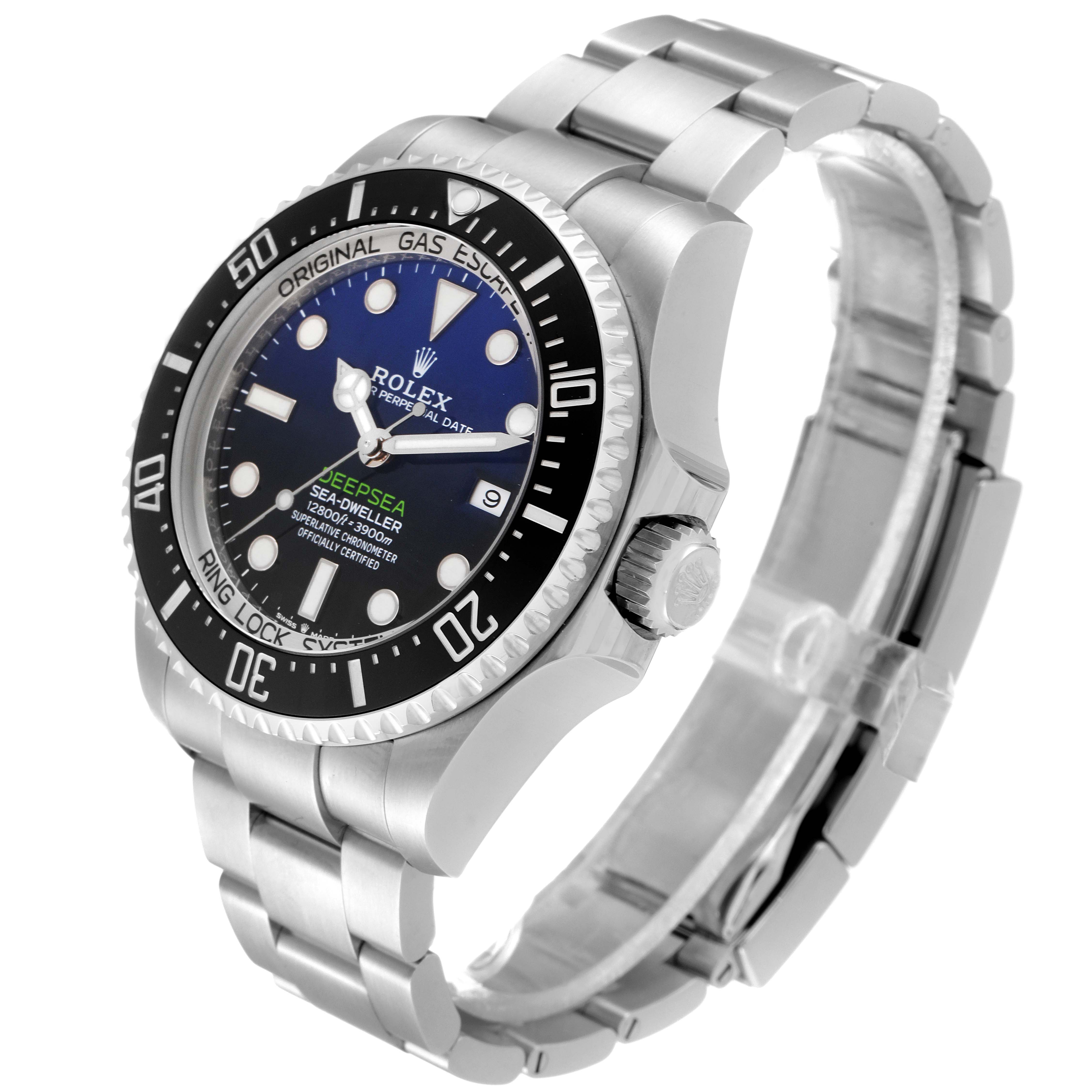 The image shows a Rolex Sea-Dweller 126660 Men
s Stainless Steel Blue Dial 126660 Men
s Stainless Steel Blue Dial watch from a left front angle, highlighting the dial, bezel, crown, and bracelet.