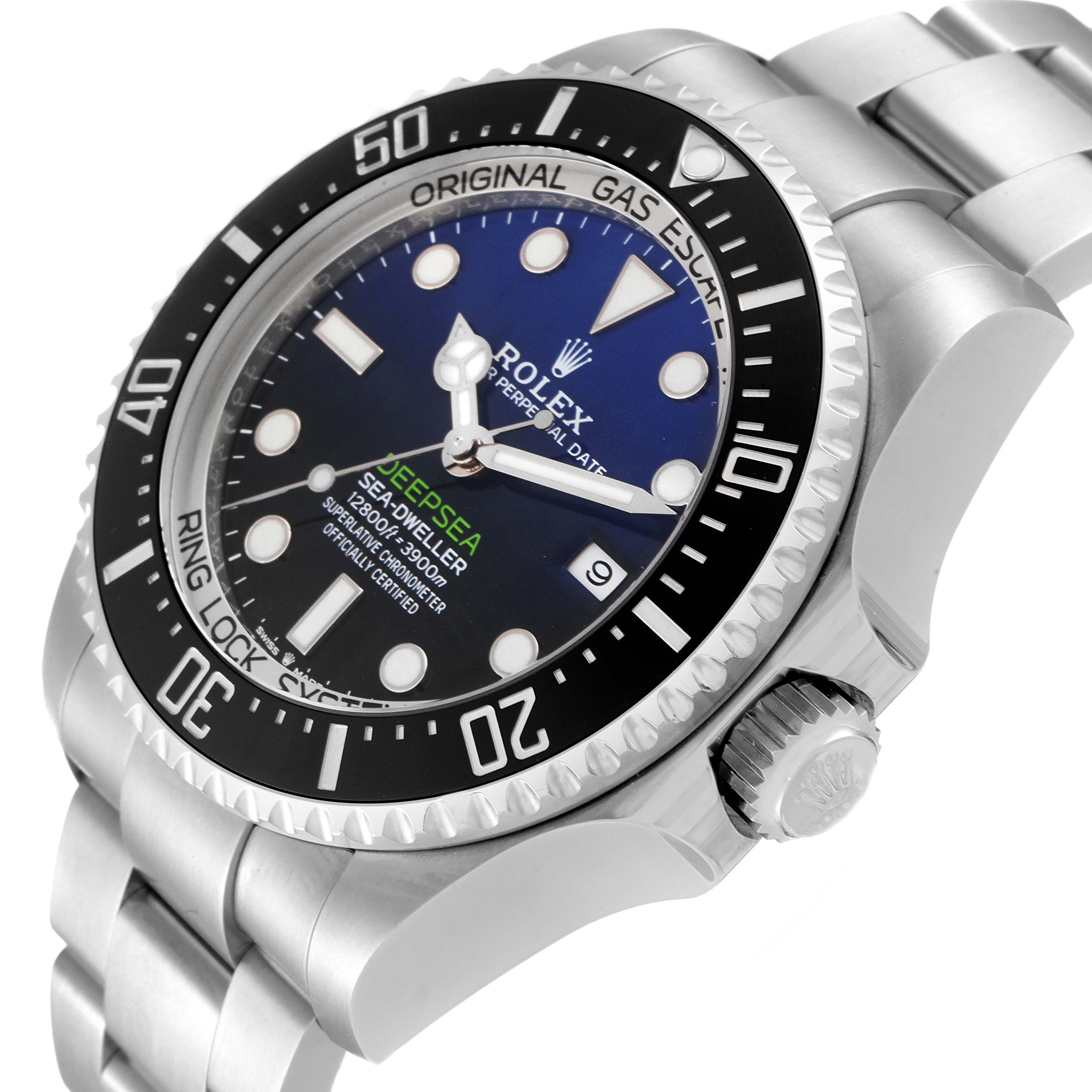 This image shows a Rolex Sea-Dweller 126660 Men
s Stainless Steel Blue Dial 126660 Men
s Stainless Steel Blue Dial watch at an angle highlighting its face, bezel, crown, and part of the bracelet.