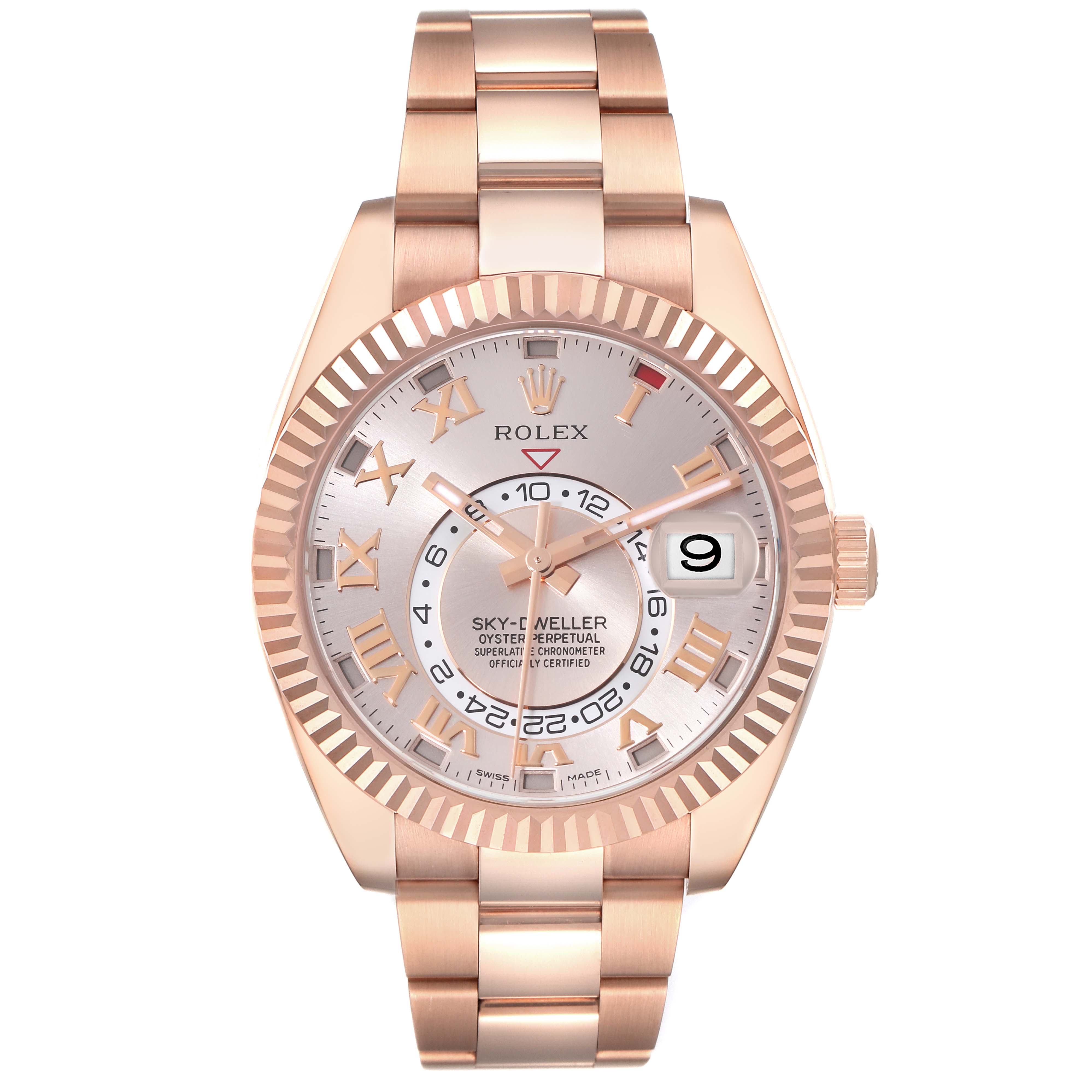 The image shows a front-angle view of a Rolex Sky-Dweller 326935 Men's Rose Gold Pink Dial 326935 Men's Rose Gold Pink Dial watch, highlighting its face, bezel, bracelet, and crown.