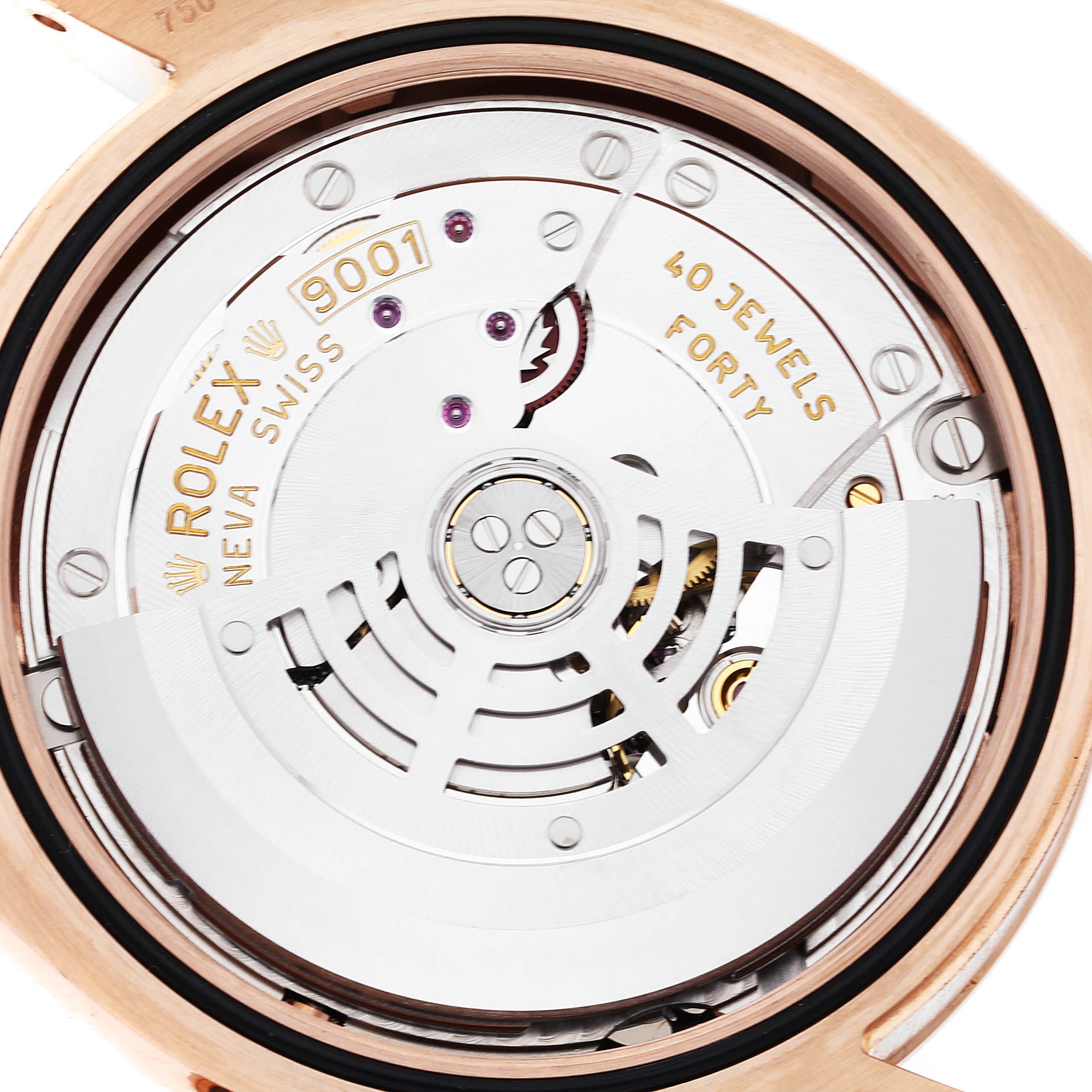 This image shows a close-up of the movement mechanism of a Rolex Sky-Dweller 326935 Men's Rose Gold Pink Dial 326935 Men's Rose Gold Pink Dial watch, including the rotor and gear assembly.