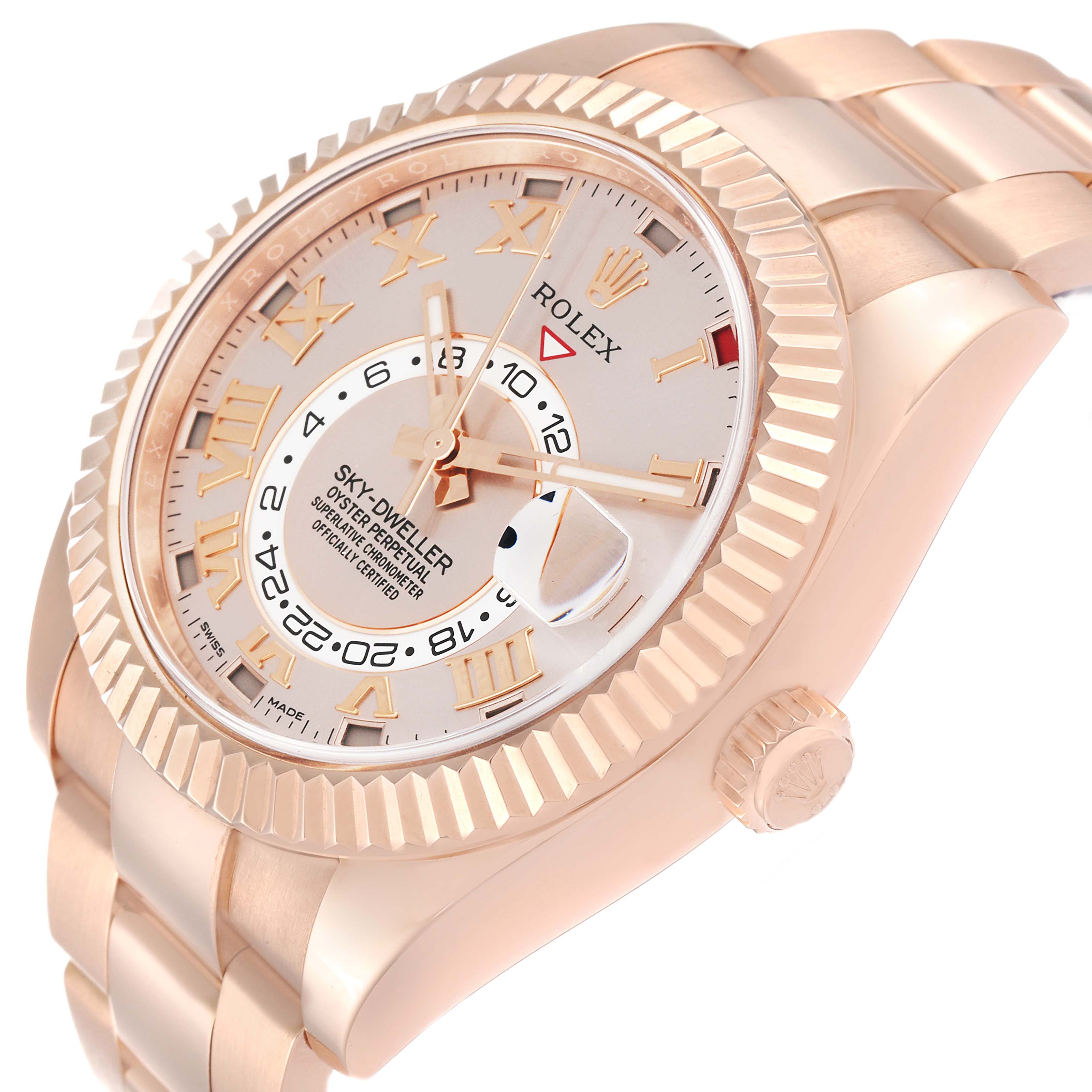 The Rolex Sky-Dweller 326935 Men's Rose Gold Pink Dial 326935 Men's Rose Gold Pink Dial watch is shown from a right-side angle, displaying the dial, bezel, crown, and part of the bracelet.